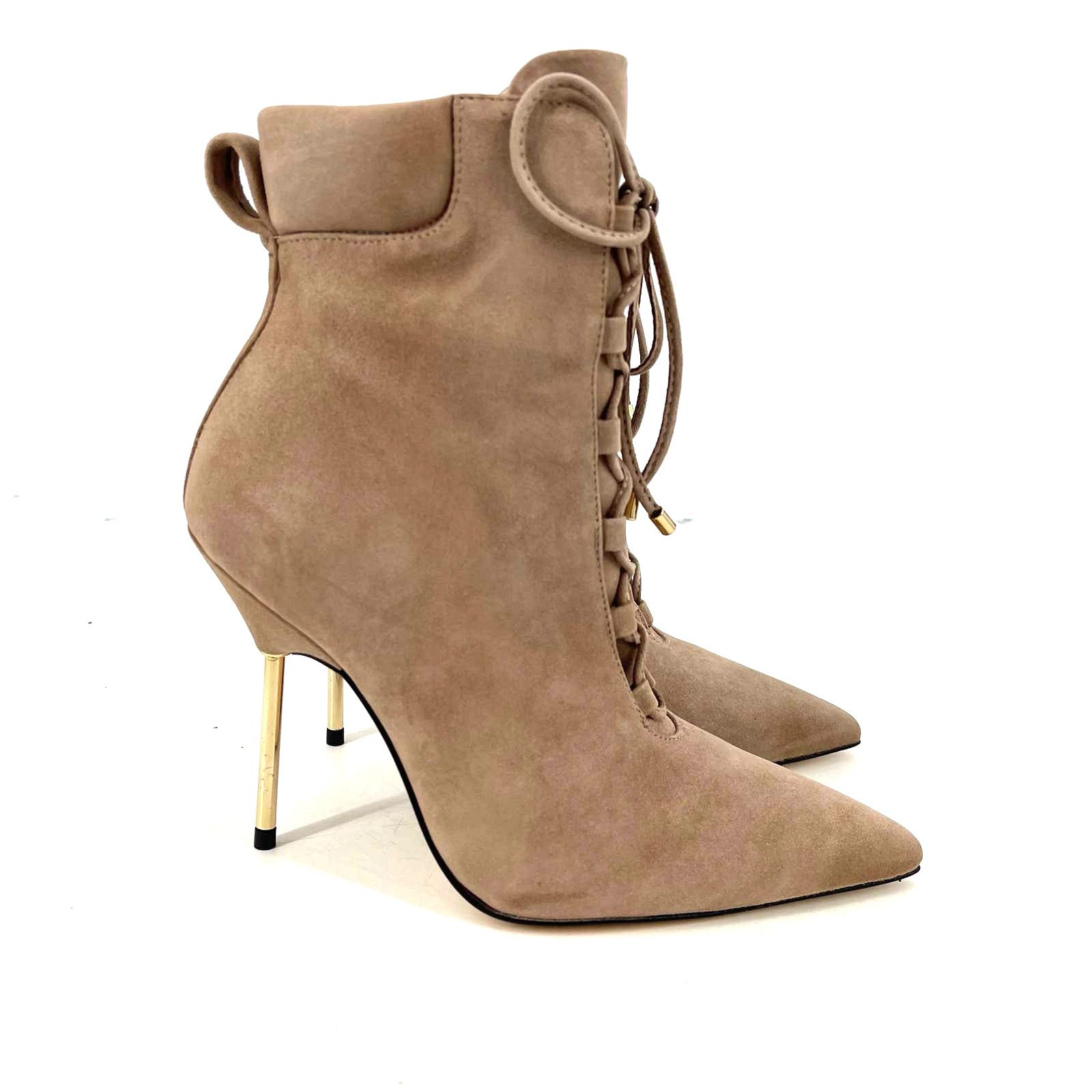 image of Good American Scandal Lace Up Stilleto Booties Stone Size 6 in Tan, Women's
