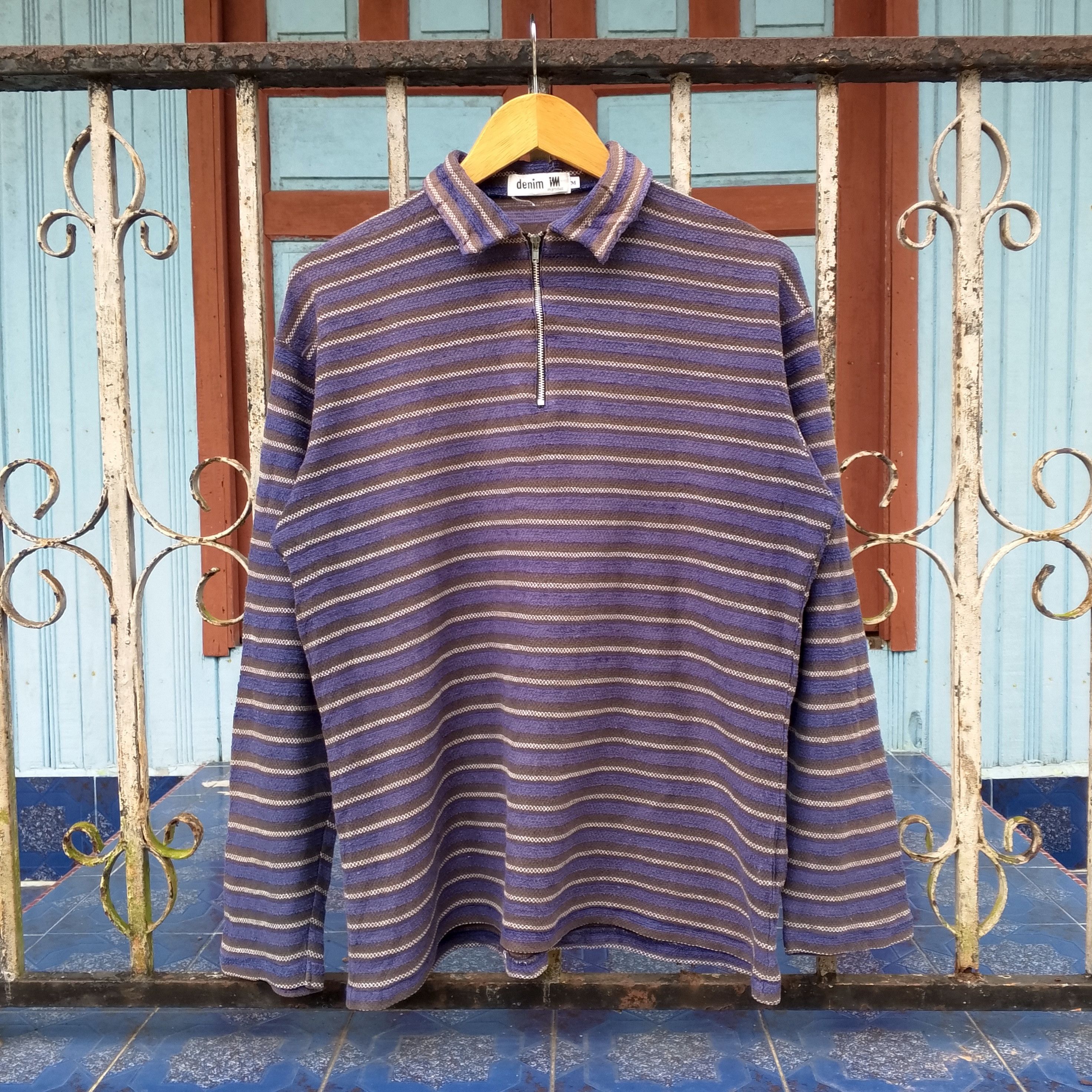 Issey Miyake Issey Miyake Denim Stripe Long Sleeve Half Zippper Size US M / EU 48-50 / 2 - 1 Thumbnail