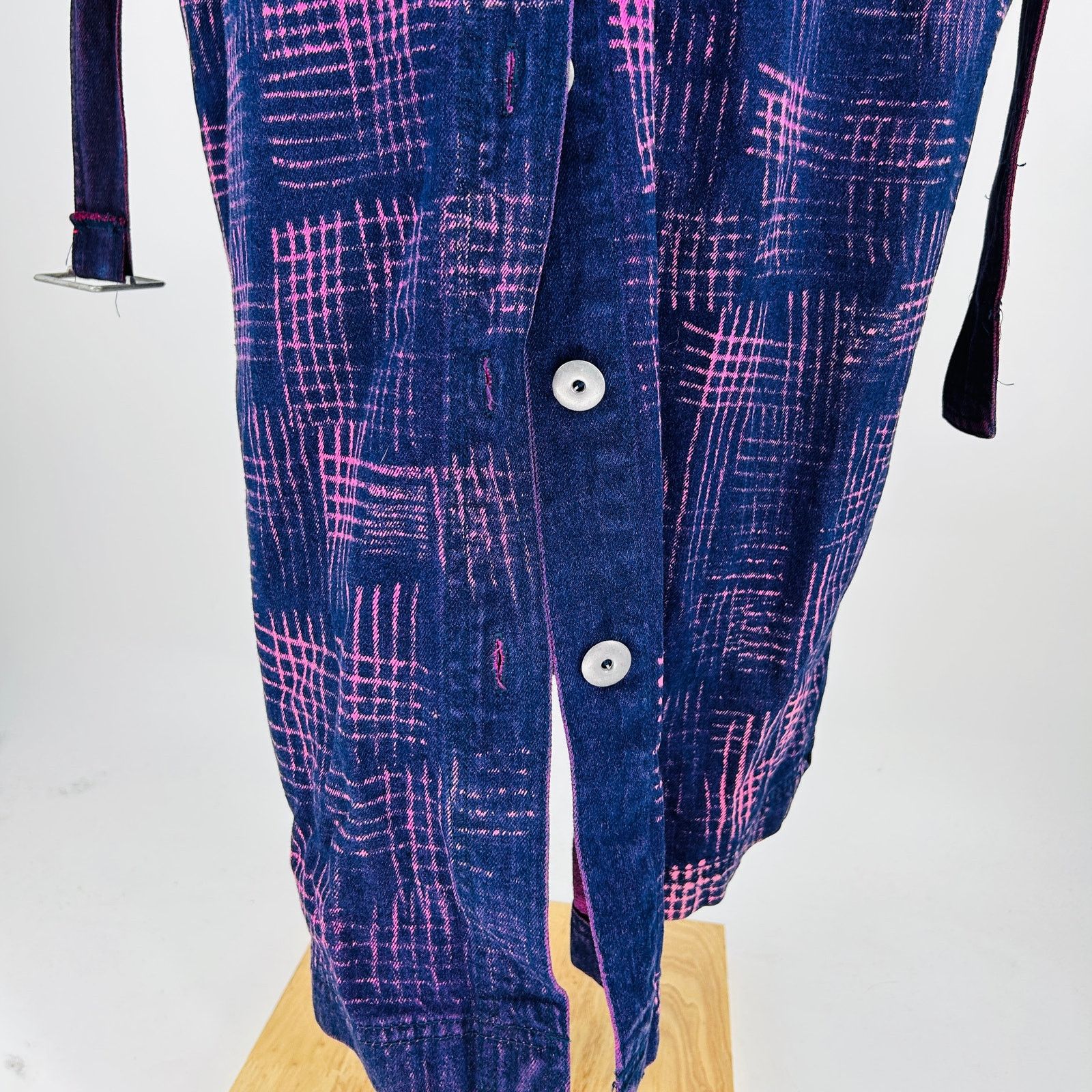 Vintage 80s Cotton Purple Blue Abstract Belted Denim Duster Coat Size M / US 6-8 / IT 42-44 - 7 Thumbnail