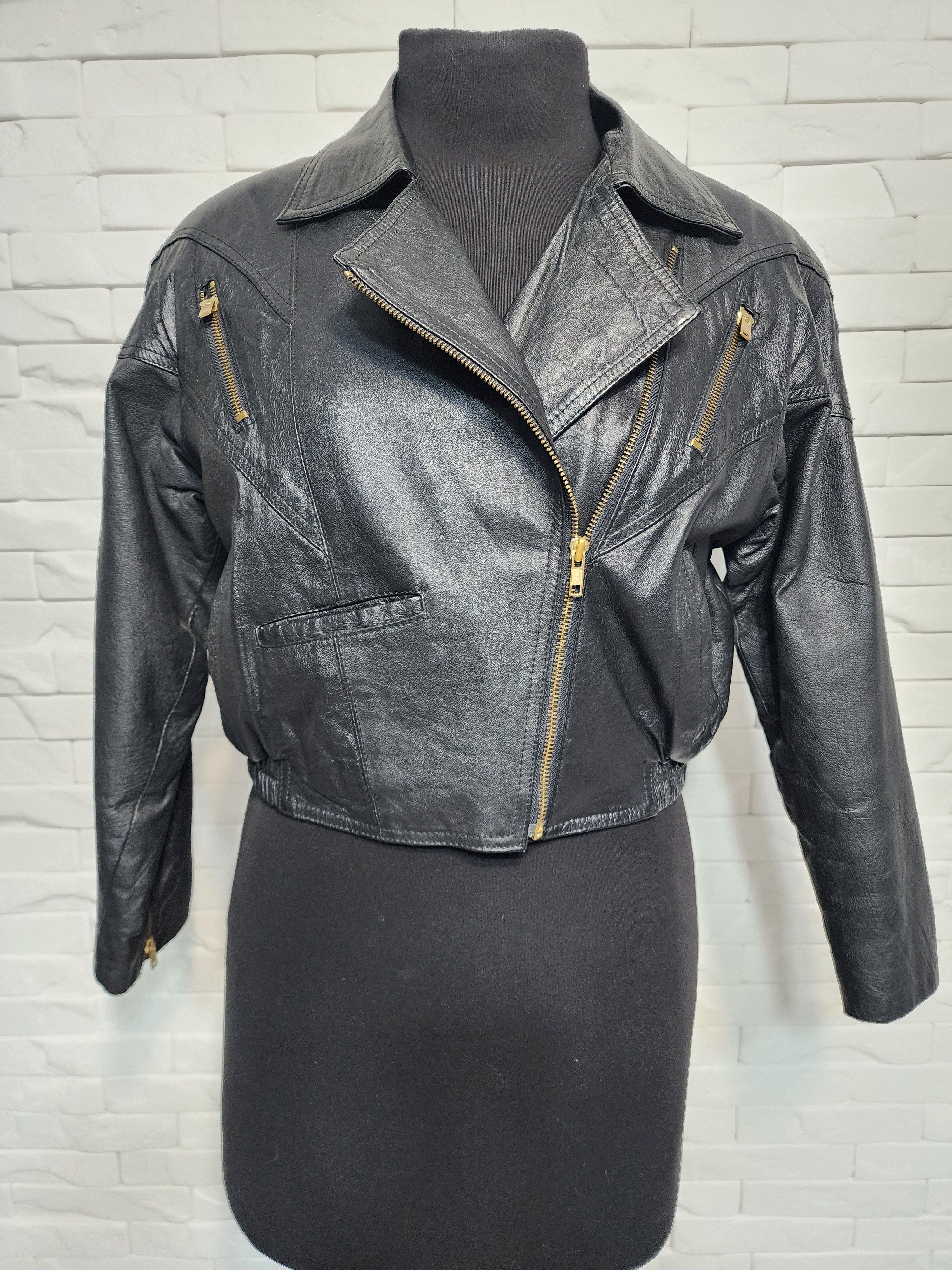 Designer Vintage Black Leather Biker Jacket: Size L / US 10 / IT 46 - 1 Thumbnail