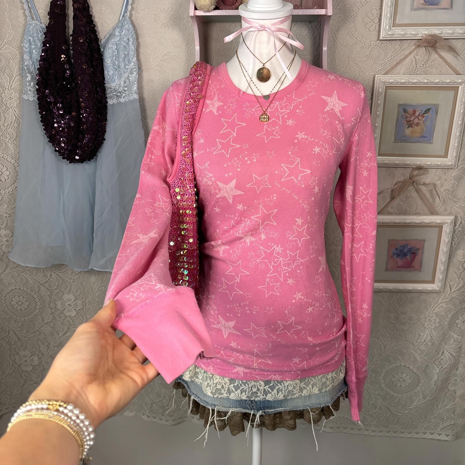 Pink y2k waffle knit PINK star long sleeve Size L / US 10 / IT 46 - 1 Thumbnail