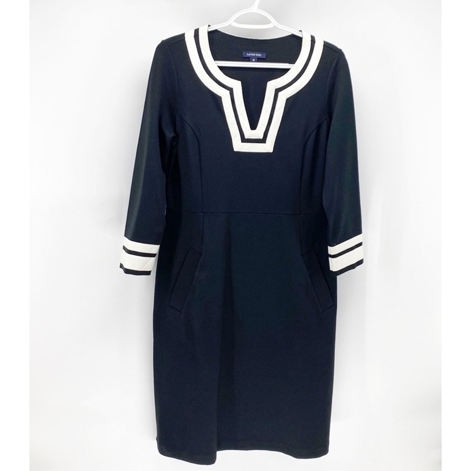 Lands' End Lands End Ponte Dress Black White trim Pockets 3/4 Sleeve Size L / US 10 / IT 46 - 1 Thumbnail