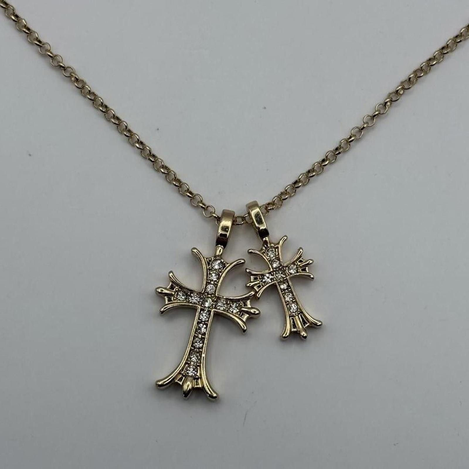 Other y2k style double cross rhinestone crystal gold necklace Size ONE SIZE - 1 Thumbnail