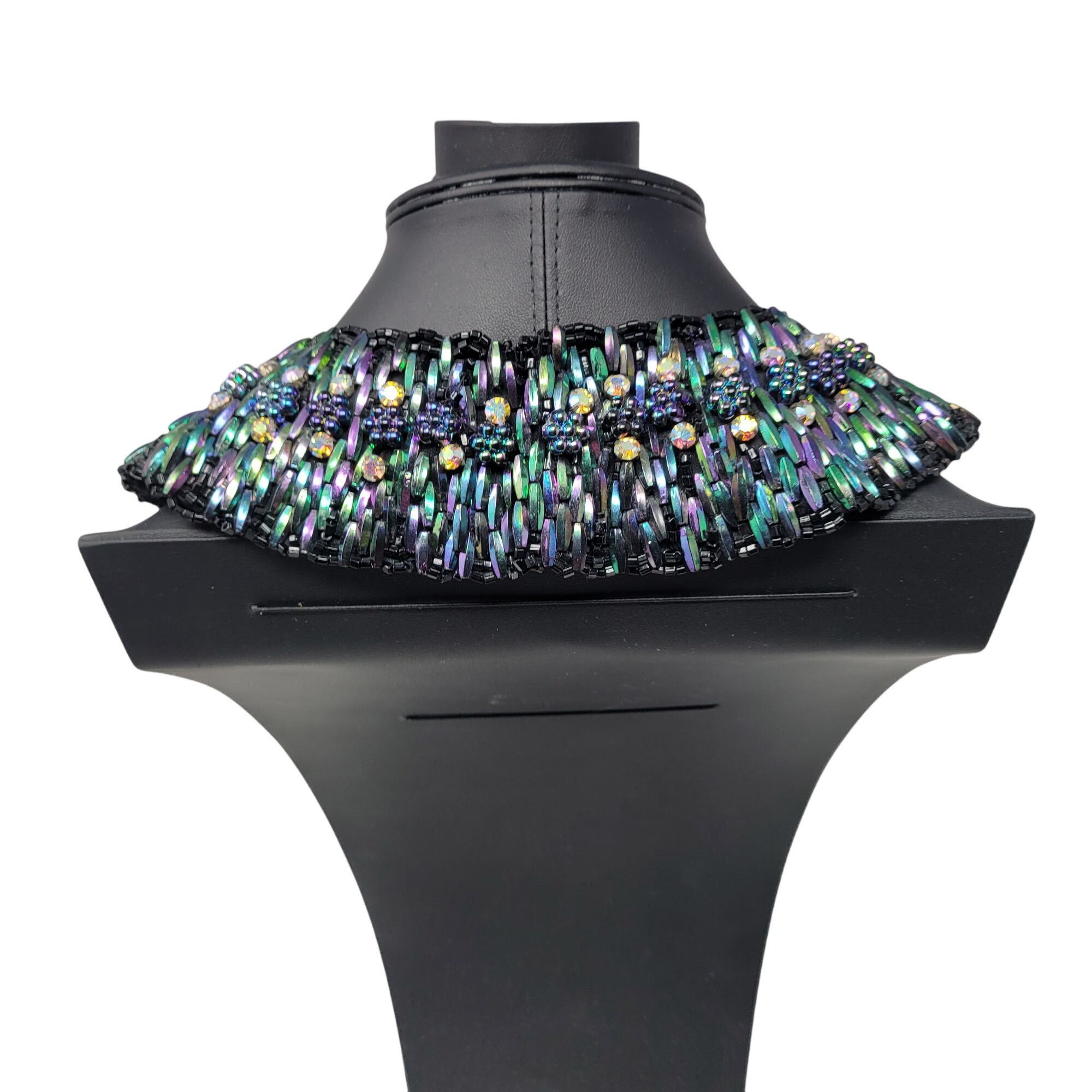 Handmade Vintage Handcrafted AB Oil Slick Beaded Statement Bib Collar Size ONE SIZE - 9 Thumbnail