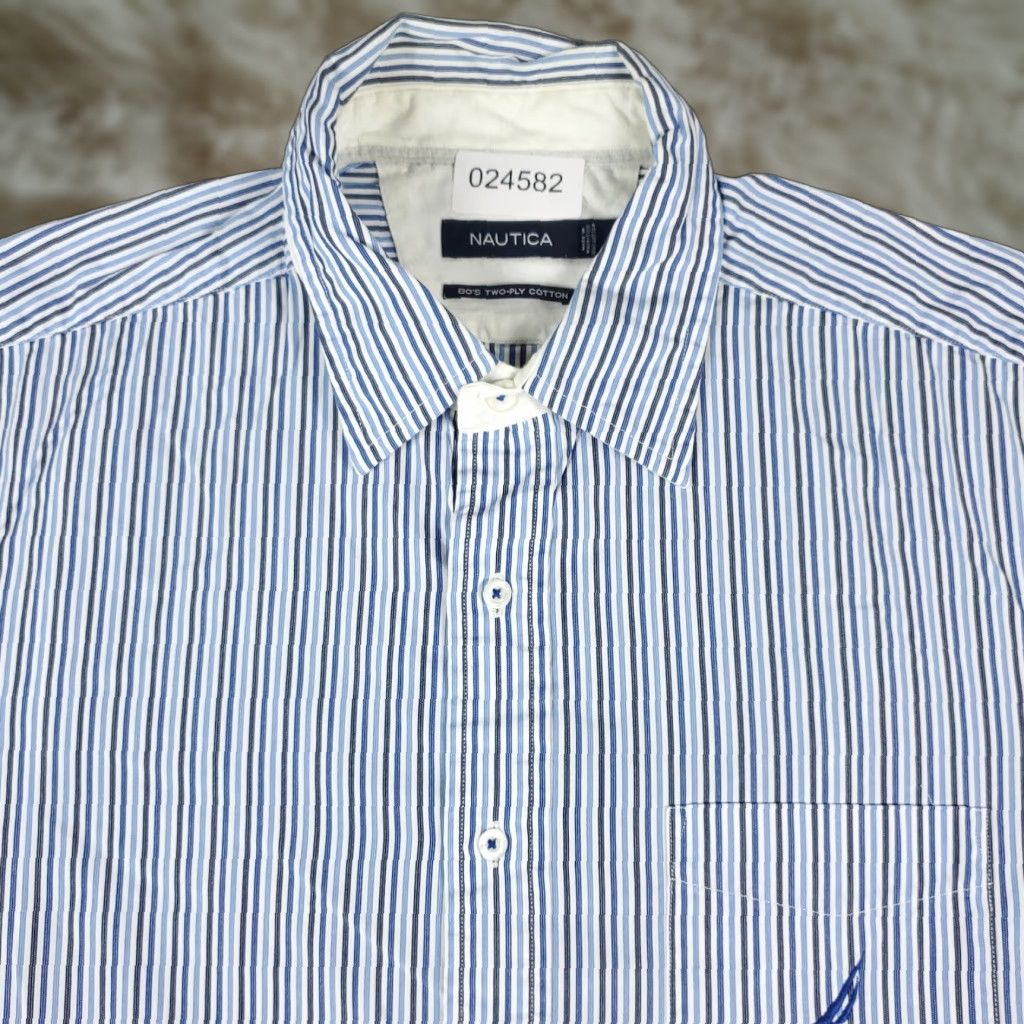 Nautica Nautica Blue Striped Casual Button-Up Shirt Mens Large Short Sleeve Regular Fit Size US L / EU 52-54 / 3 - 1 Thumbnail