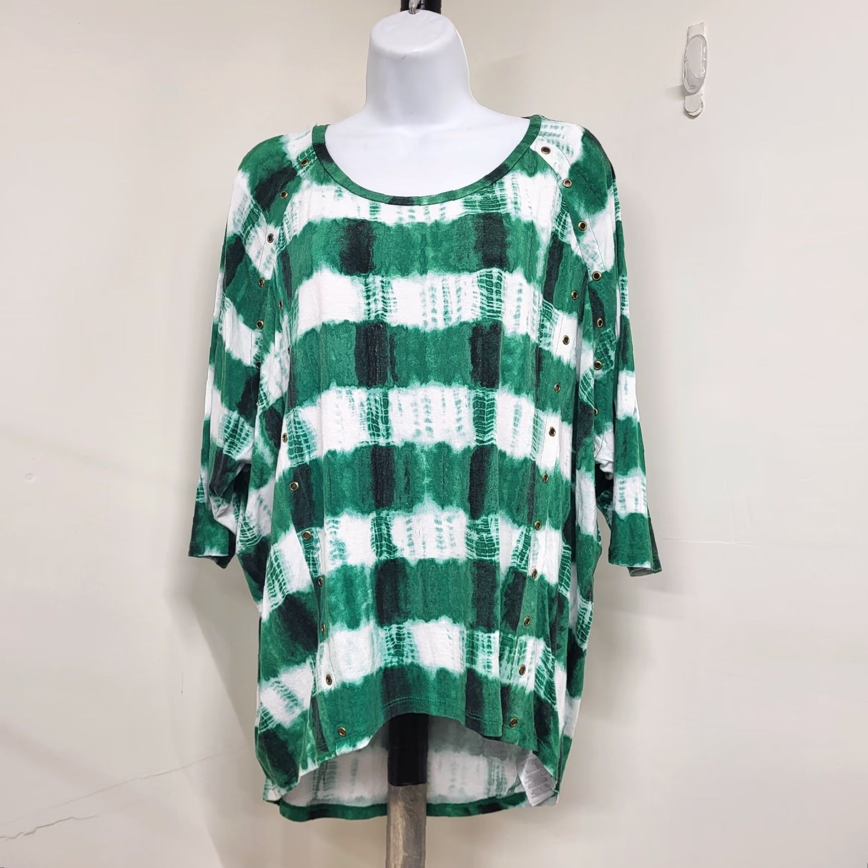 Michael Kors Michael Kors Blouse Women's Size M Knit Top 3/4 Sleeve Hi Low Tie-Dye Green Multi-Color Geometric Pattern Size M / US 6-8 / IT 42-44 - 2 Thumbnail