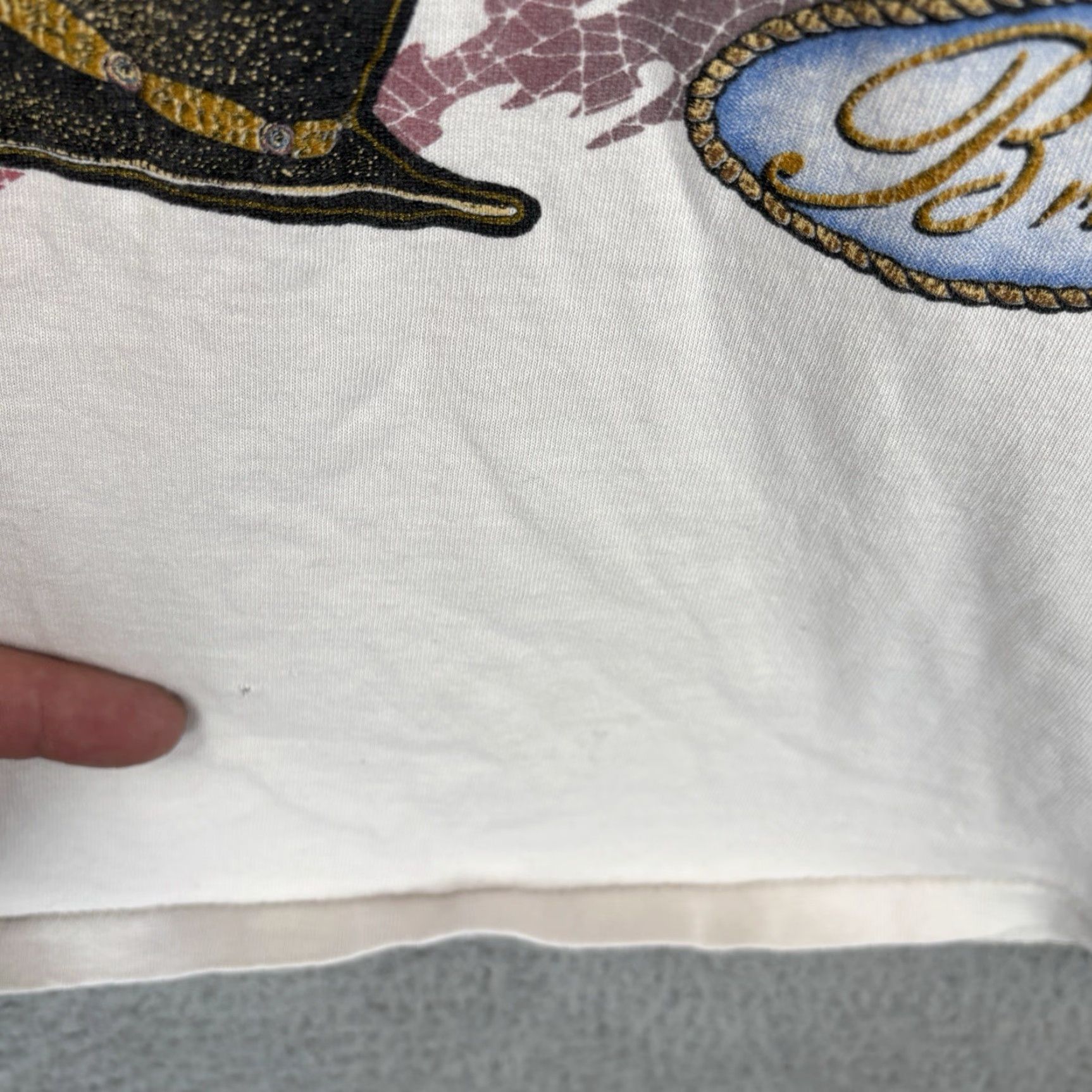 Olive VINTAGE Center Cut T-Shirt Mens 90s White Cotton Graphic Print 1990s USA Cowboy Regular Large Size US L / EU 52-54 / 3 - 4 Thumbnail
