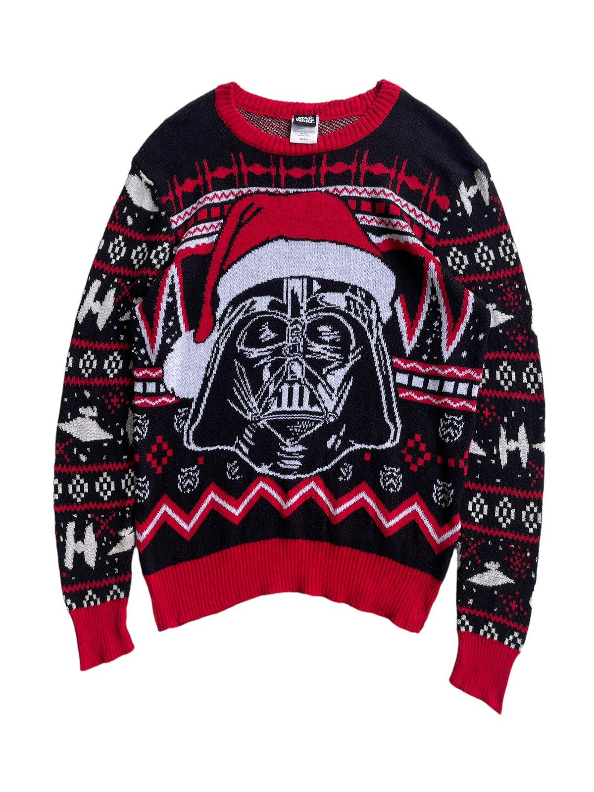 image of Coloured Cable Knit Sweater x Star Wars Starwars X Merry Sithmas Knit Sweater in Red/Black (Size La