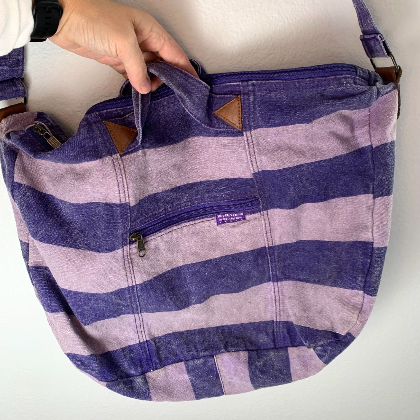 Vintage VINTAGE Beverly Hills Blues Purple Canvas Striped Crossbody Bag Size ONE SIZE - 2 Thumbnail