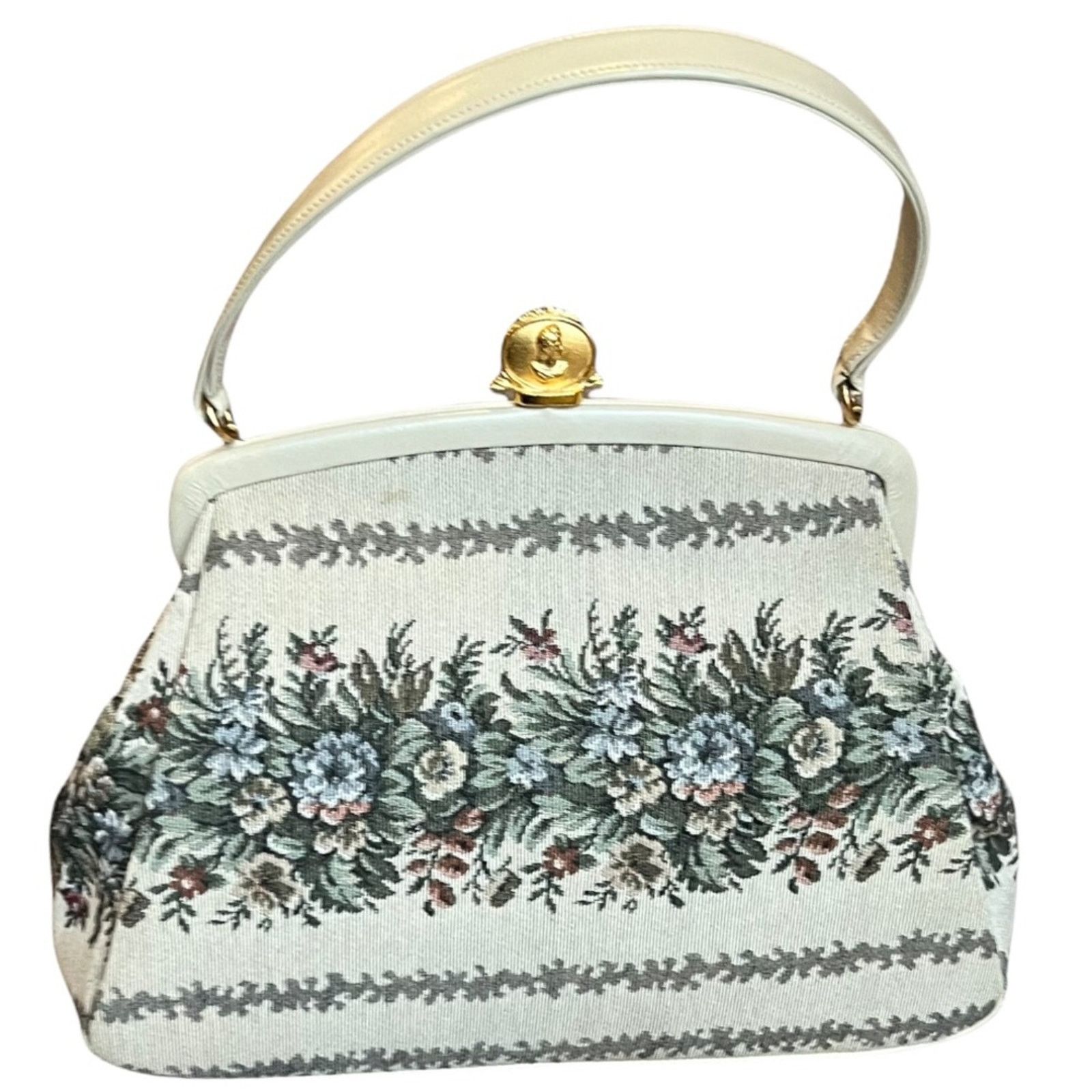 image of 1960S Vintage Bienen Davis. Floral Tapestry Bag in Cream, Women's