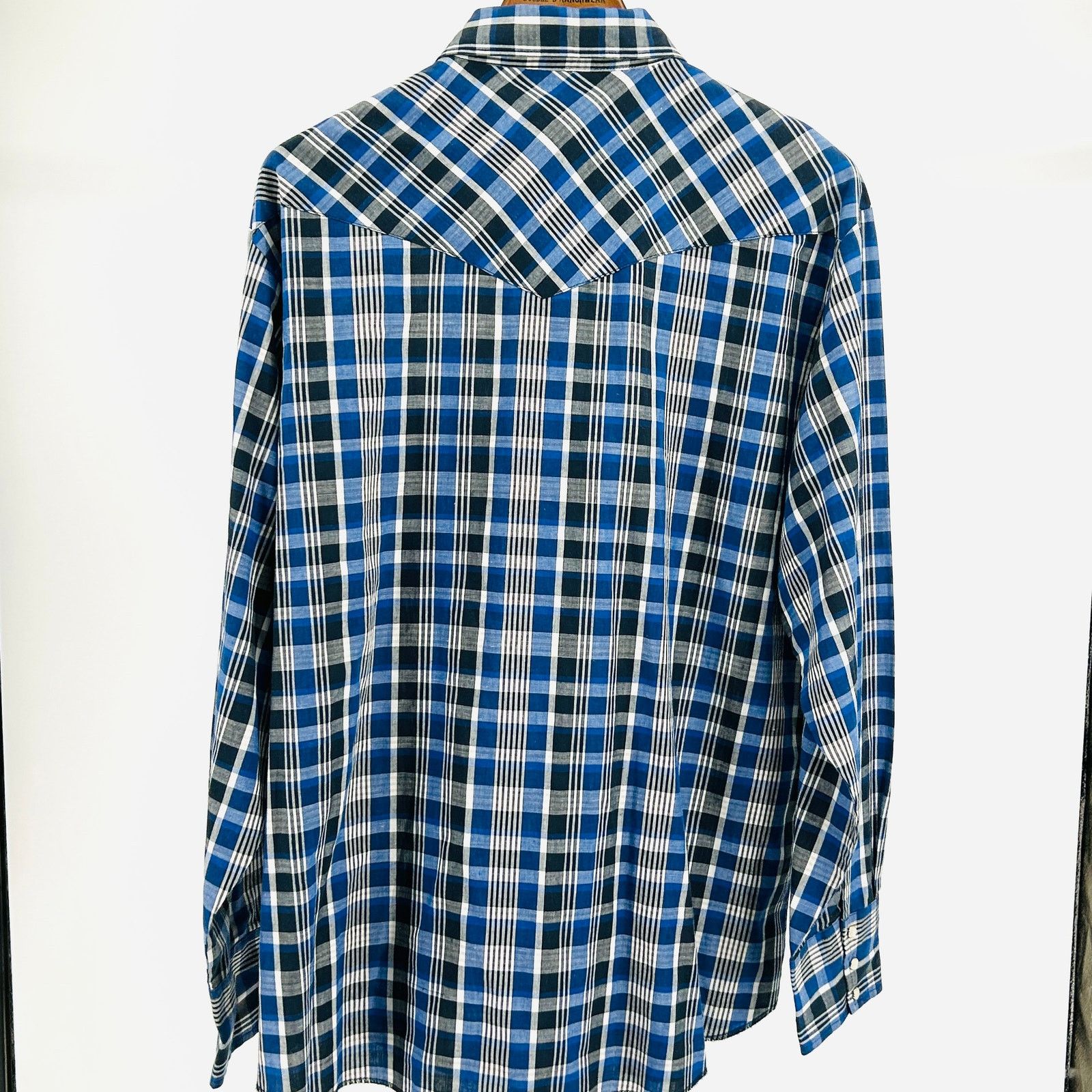 Rustler Blue Black Plaid Cotton Blend Western Pearl Snap Shirt Size US XL / EU 56 / 4 - 5 Thumbnail