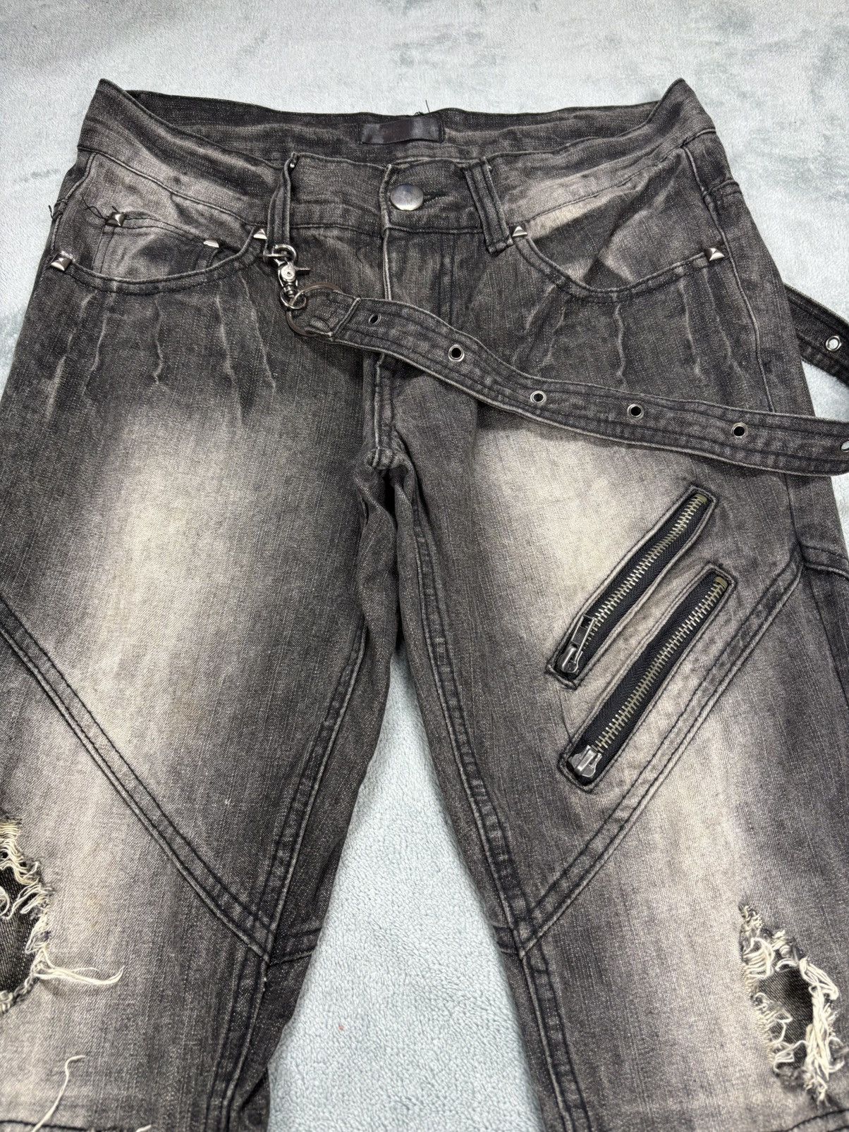 14th Addiction Black Boccaro Bondage Distressed Flared Jeans S0222 Size US 29 - 3 Thumbnail