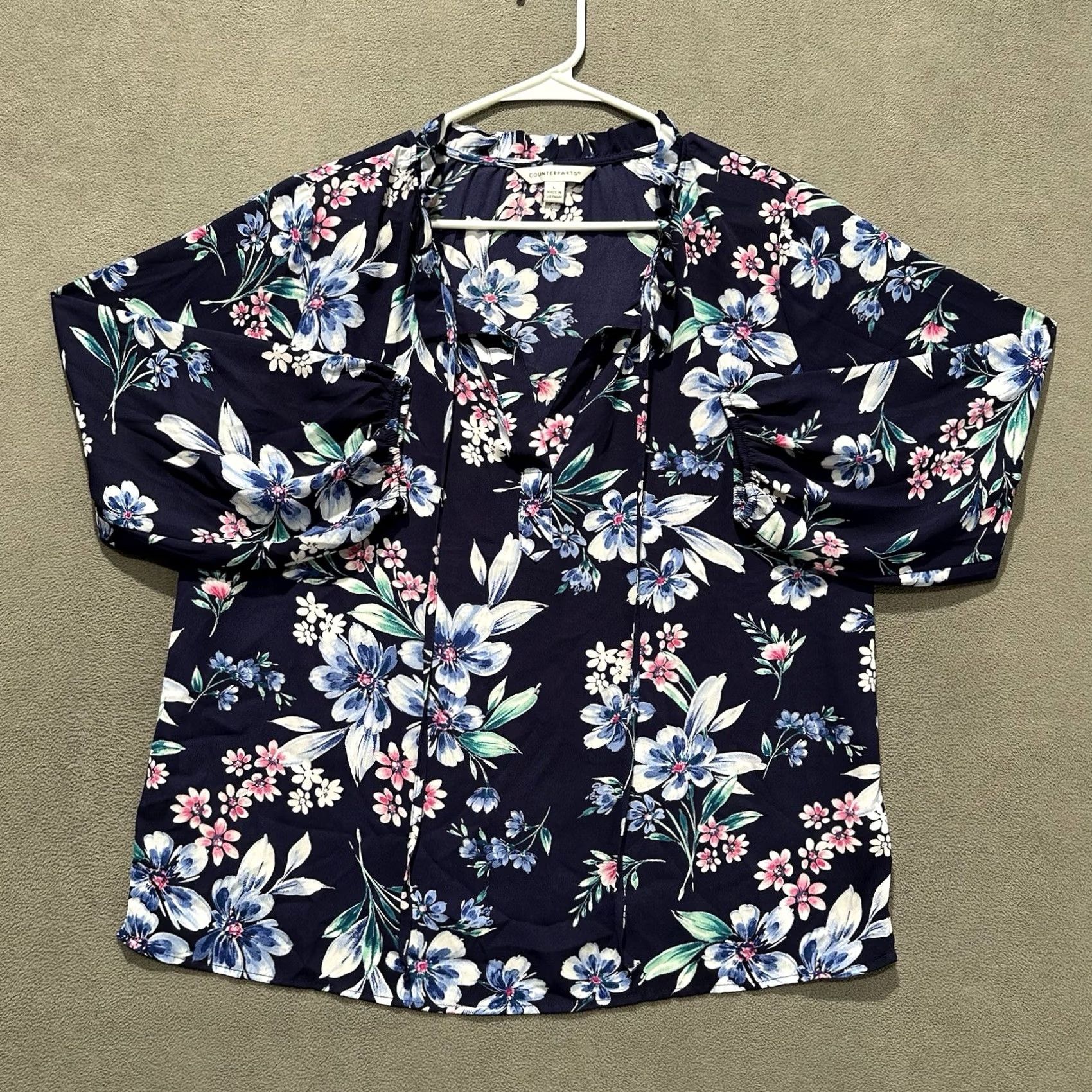 Vintage Counterparts Blouse Womens Blue Floral Print Split Neck Tunic 3/4 Sleeve Large Size L Size L / US 10 / IT 46 - 2 Thumbnail