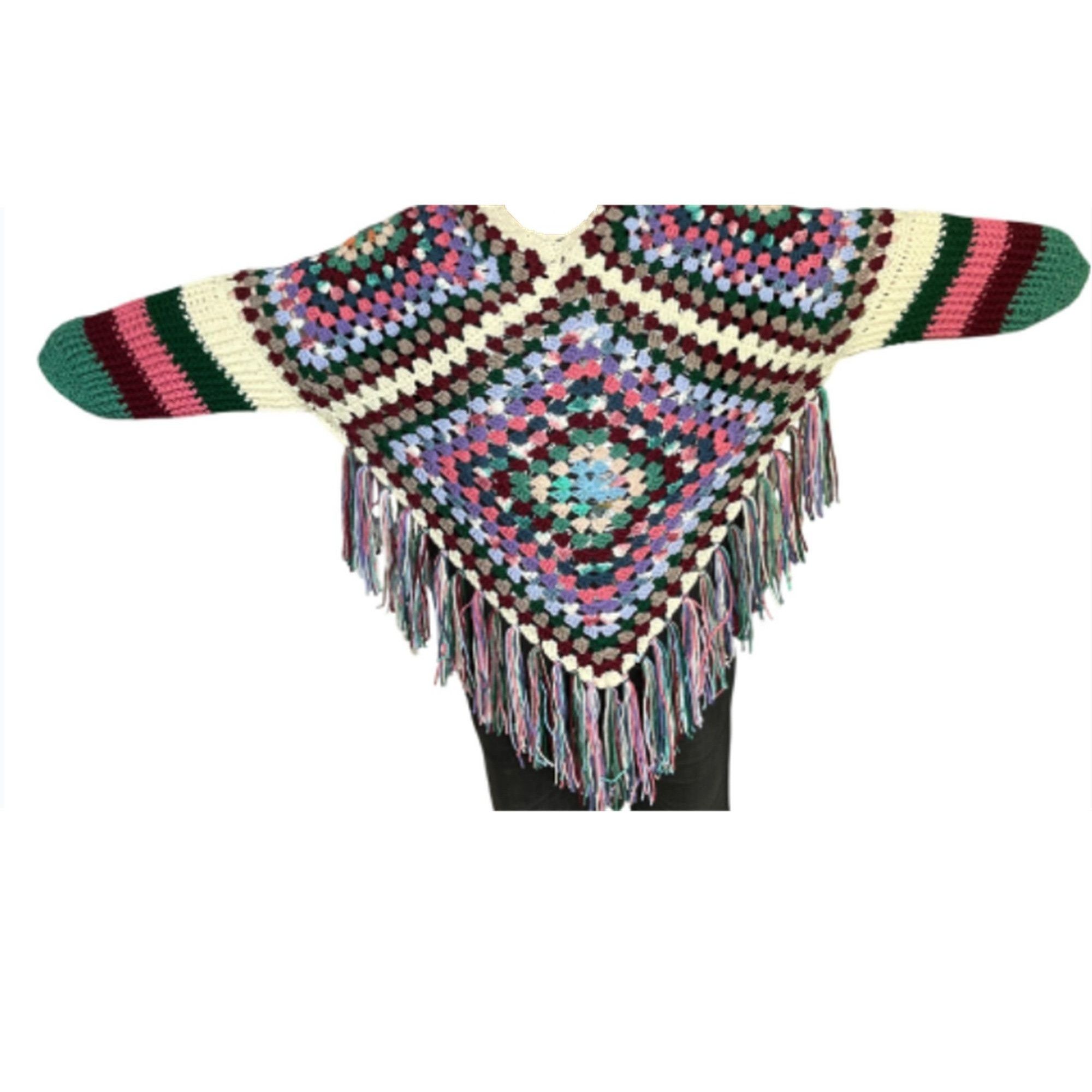 Handmade Crochet Poncho with Sleeves Granny Square Design Pattern Col Size ONE SIZE - 7 Thumbnail