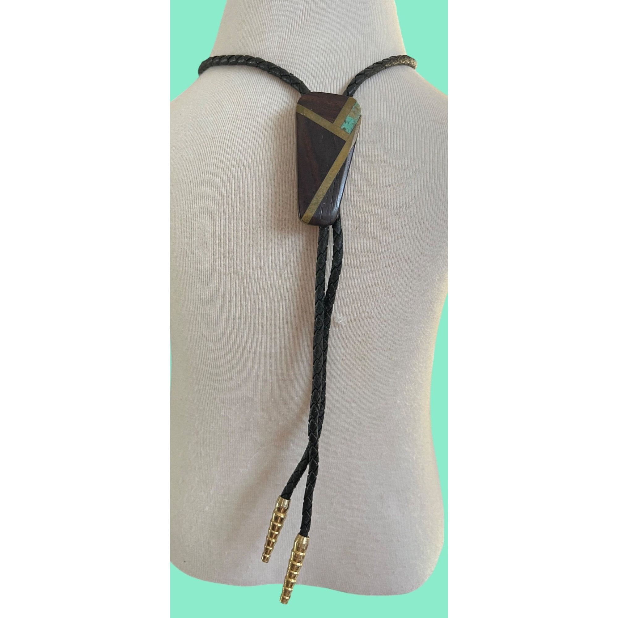 Other Handcrafted Wood & Brass Bolo Tie With Turquoise Inlay Size 36 - 1 Thumbnail