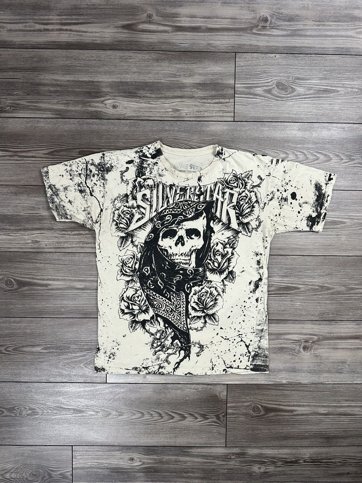 Affliction Crazy Vintage Y2K Silver Star Grunge Skull & Roses T Shirt Size US L / EU 52-54 / 3 - 1 Thumbnail