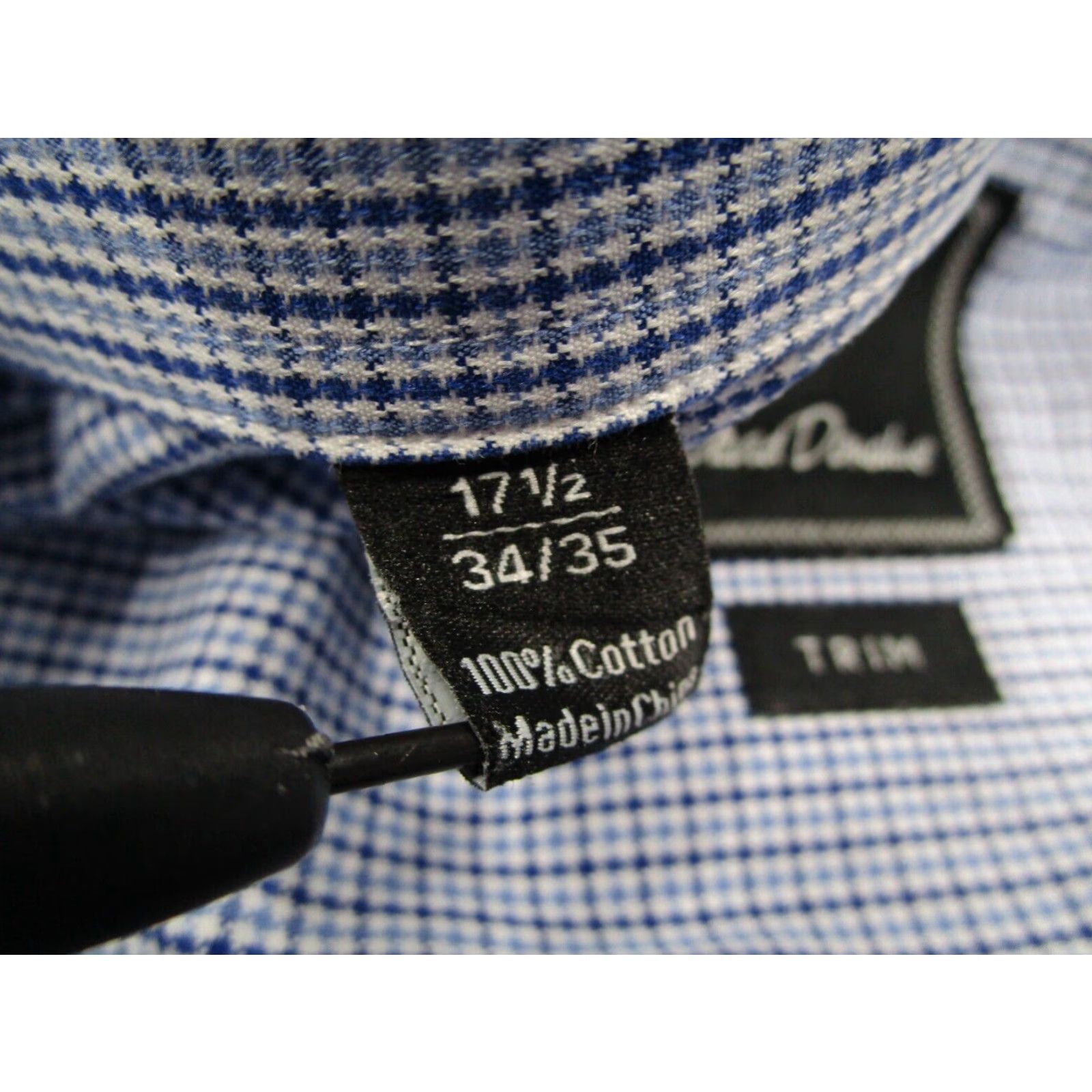 David Donahue David Donahue Mens 17.5 34 Trim Fit Blue Check Dress Shirt Long Sleeve Button Up Cotton Size 34R - 4 Thumbnail