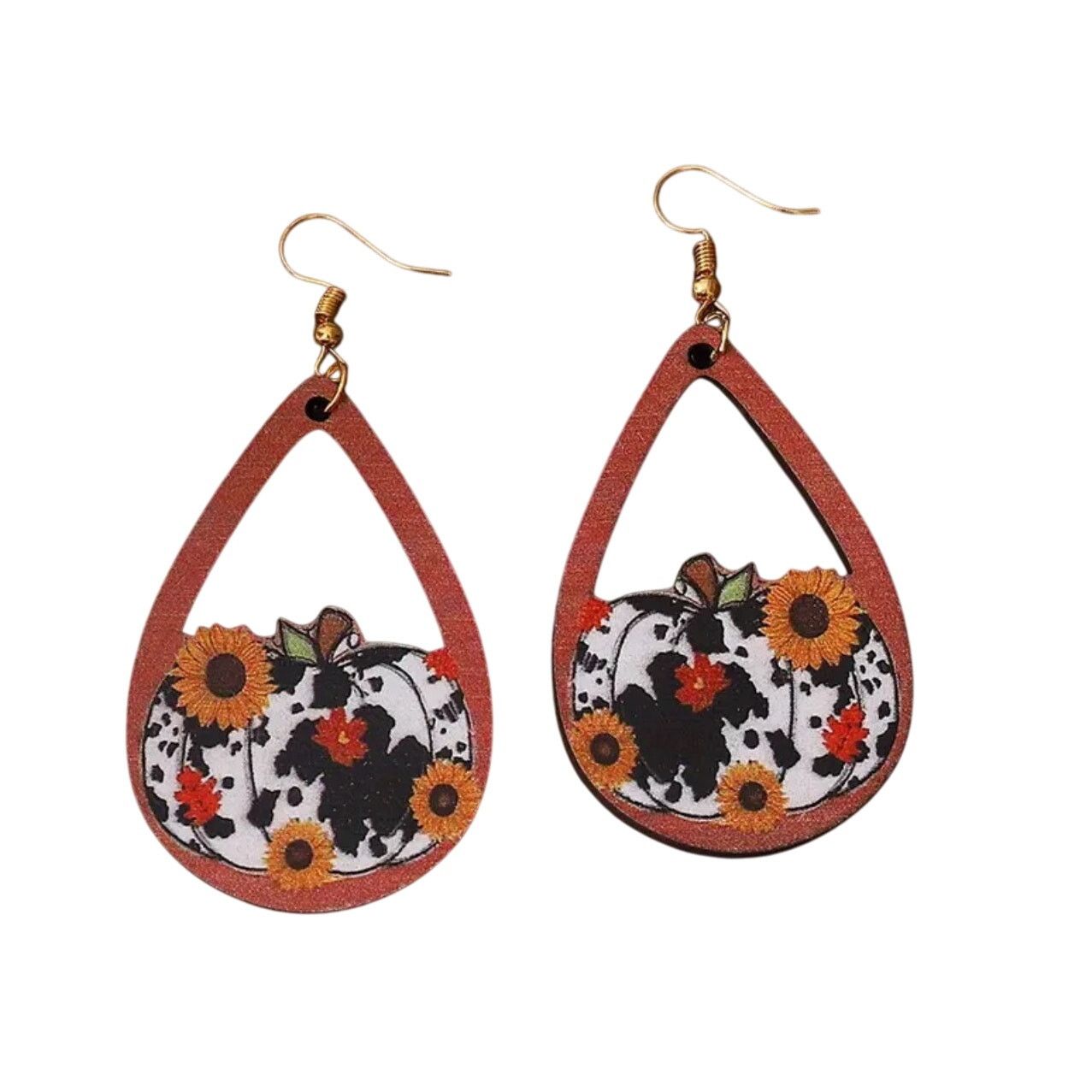 Handmade Thanksgiving Earring Cow Print Sunflower Pumpkin Wood Dangle Size ONE SIZE - 1 Thumbnail
