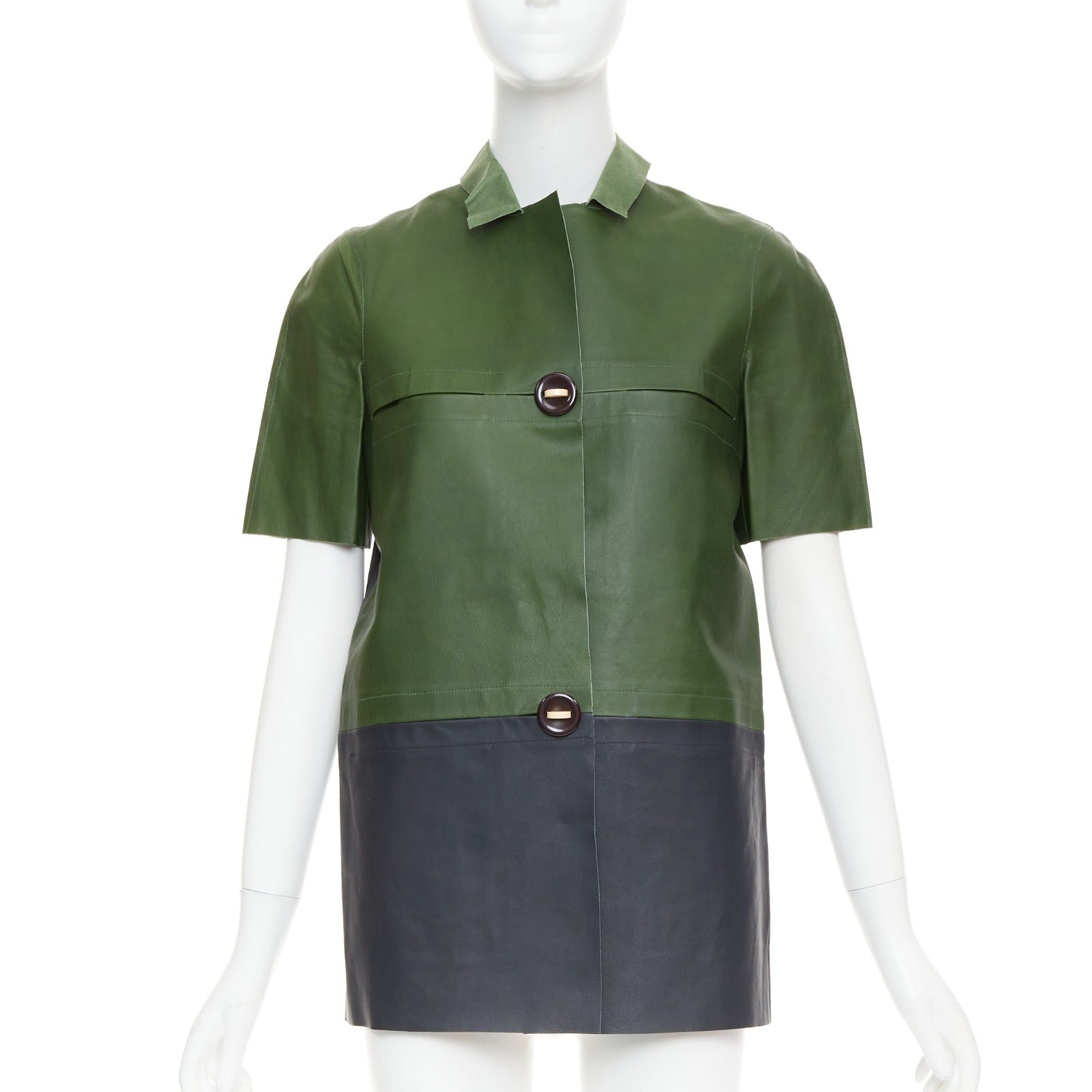 Marni MARNI 2012 green navy calf leather geometric buttons round sleeve coat IT38 XS Size XS / US 0-2 / IT 36-38 - 1 Thumbnail