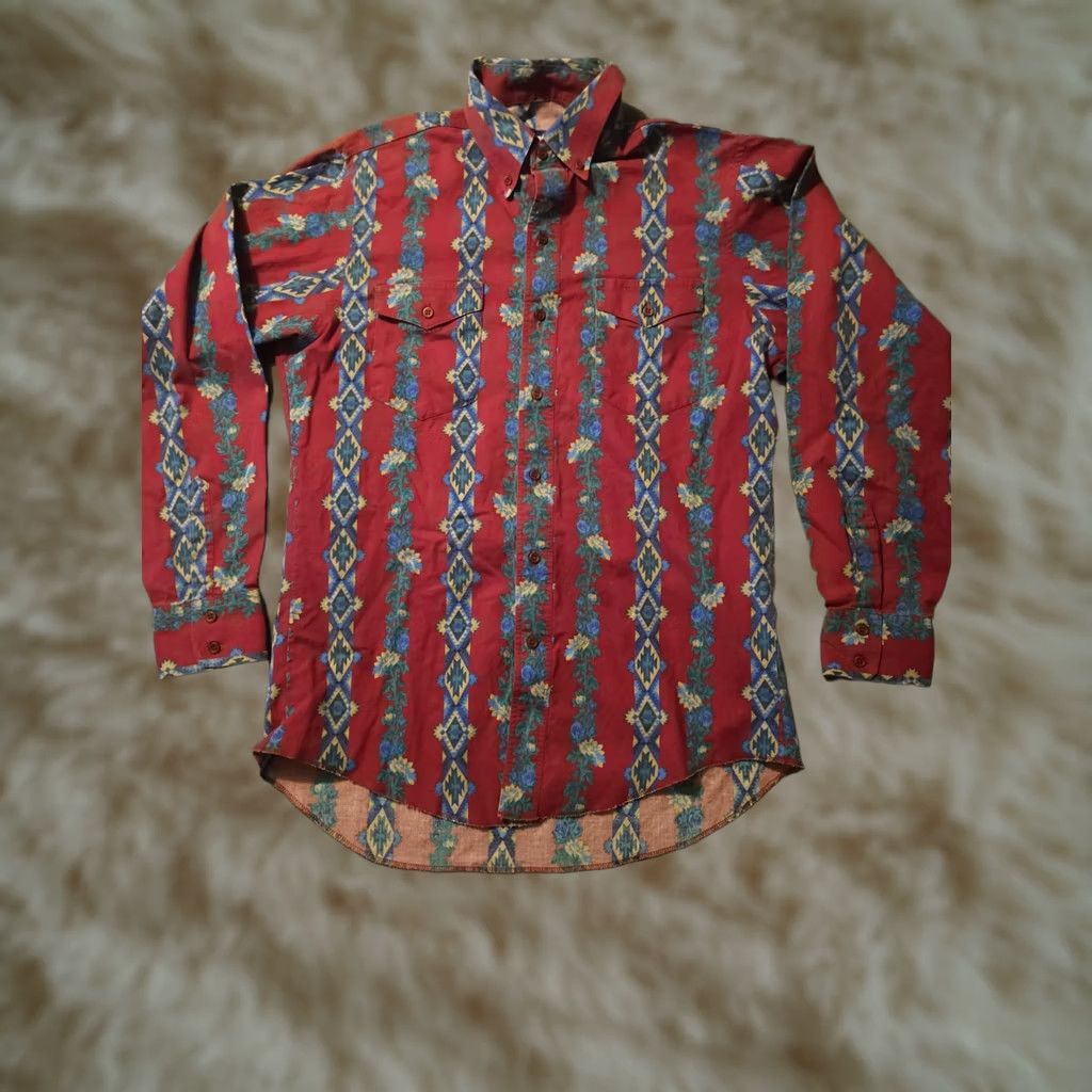 Wrangler VINTAGE Wrangler Button-Down Shirt Mens XL Red Striped 42 Chest USA Western Cowboy 80s 90s Pattern Pockets Easy Care Cotton Office Casual Size US XL / EU 56 / 4 - 1 Thumbnail