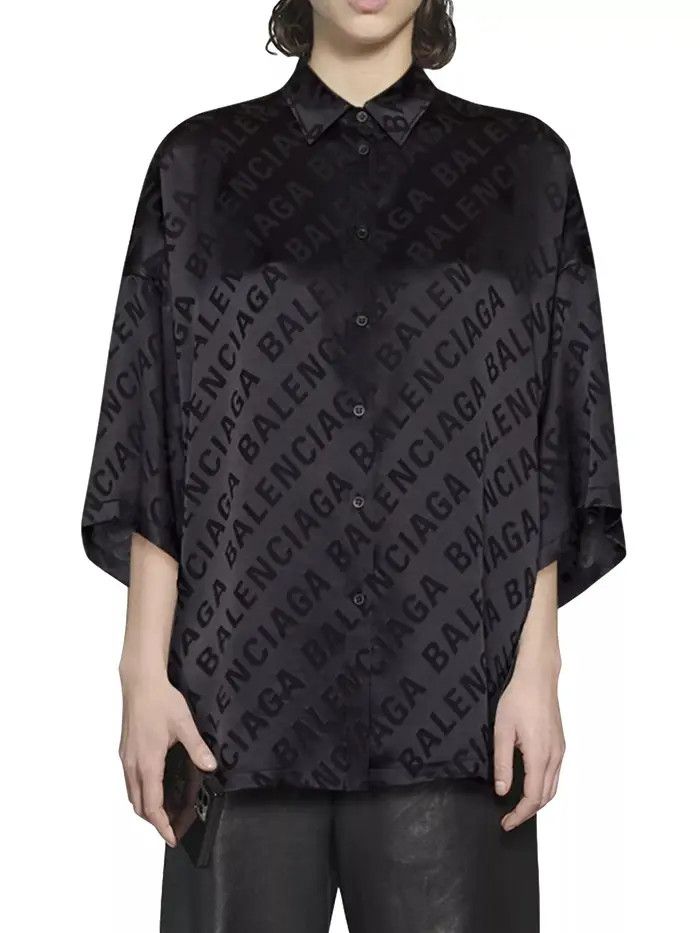 Balenciaga o1la1rc1a0226 Large Allover Logo Vareuse Shirt In Black Size M / US 6-8 / IT 42-44 - 2 Thumbnail