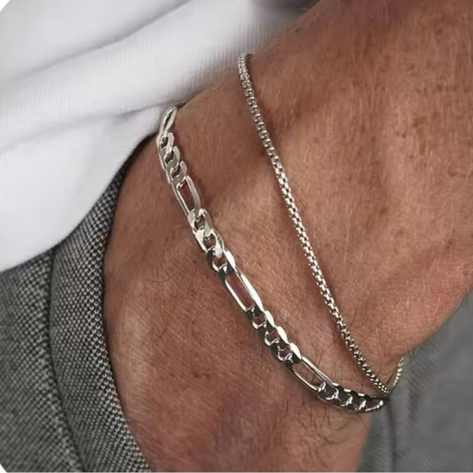 Other Mens 2pcs Bracelets Set Box Chain & Cuban Link Bracelet 8” Size ONE SIZE - 2 Thumbnail