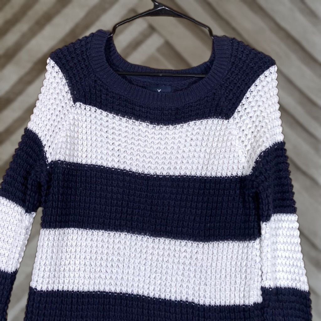 American Eagle Outfitters American Eagle Womens Sweater White Navy Striped Open Knit 100% Cotton Small Size S / US 4 / IT 40 - 1 Thumbnail