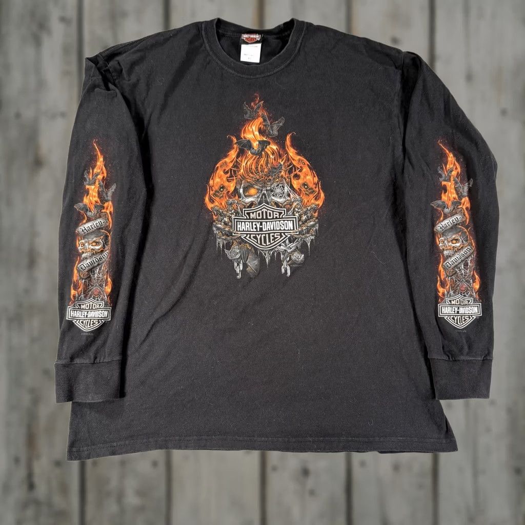 Harley Davidson Harley-Davidson Shirt Mens XL Black Long Sleeve Flames Skulls Panama City Beach Graphic Print Crew Neck Front Back Limited Edition VINTAGE? Size US XL / EU 56 / 4 - 1 Thumbnail