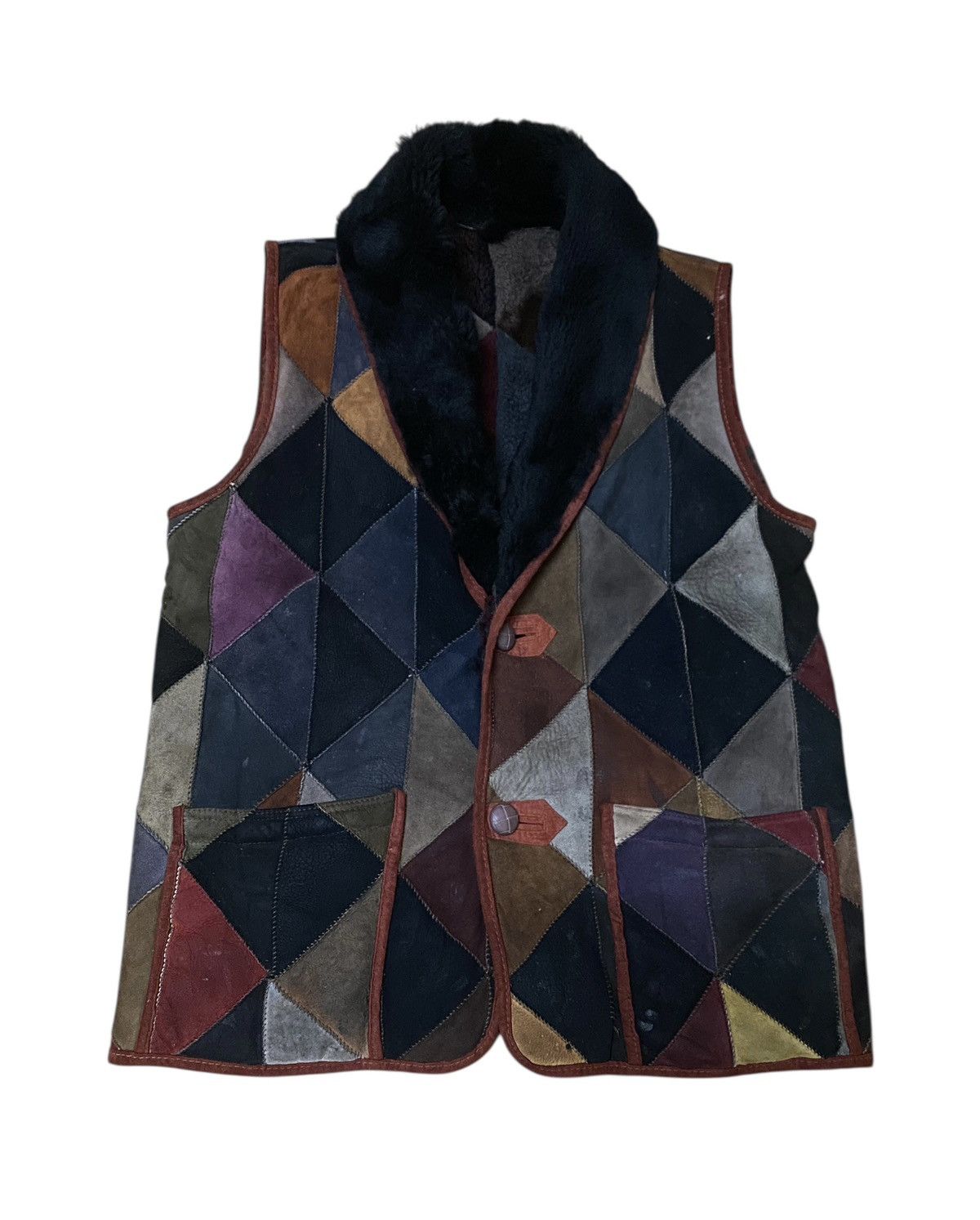Genuine Leather Leather Patchwork Cubism Pattern Shearling Sleeveless Jacket Size US L / EU 52-54 / 3 - 1 Thumbnail