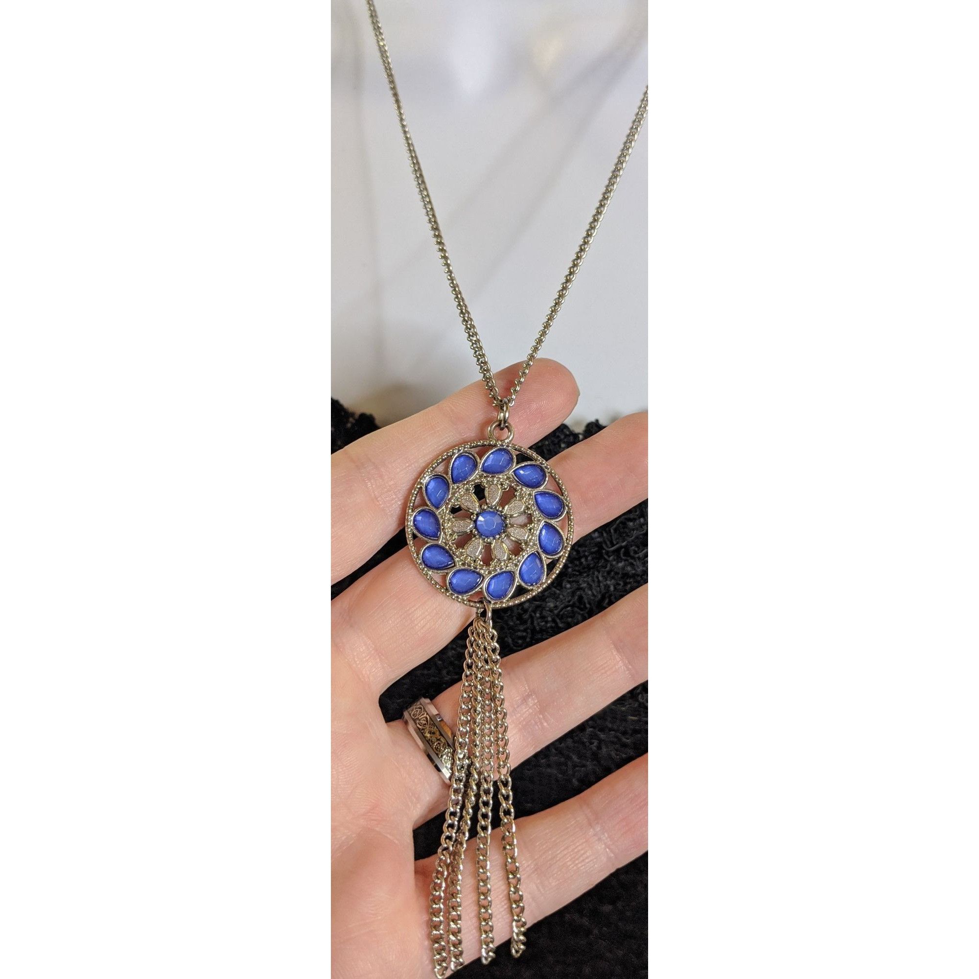 Other Bohemian Blue And Silver Tone Medallion & Tassel Pendant Nec Size ONE SIZE - 4 Thumbnail