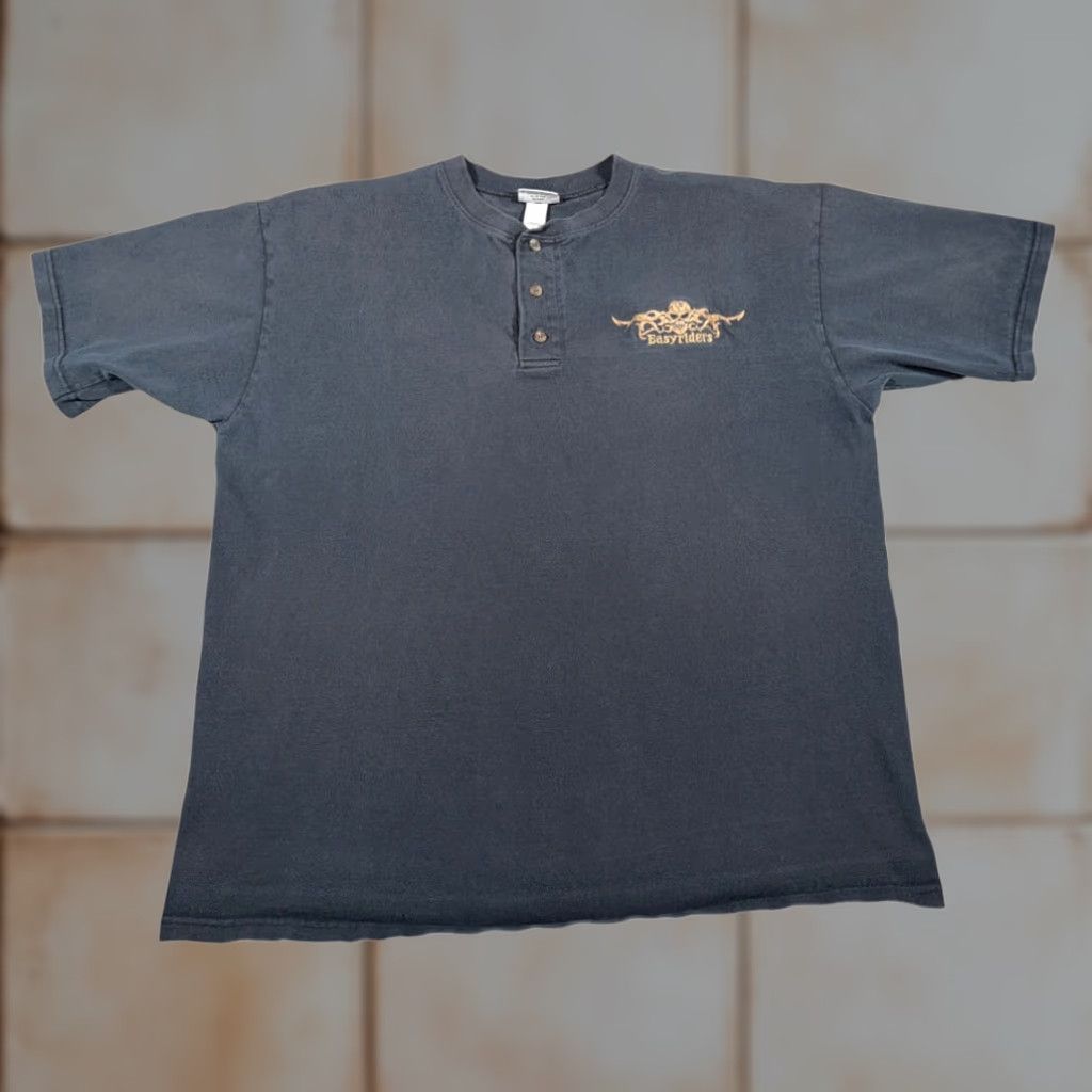 Anvil VINTAGE Easyriders Shirt ANVIL Henley Black XL Mens Shirt 90s Biker Motorcycle Embroidered Skull Tribal Casual T-Shirt Size US XL / EU 56 / 4 - 1 Thumbnail