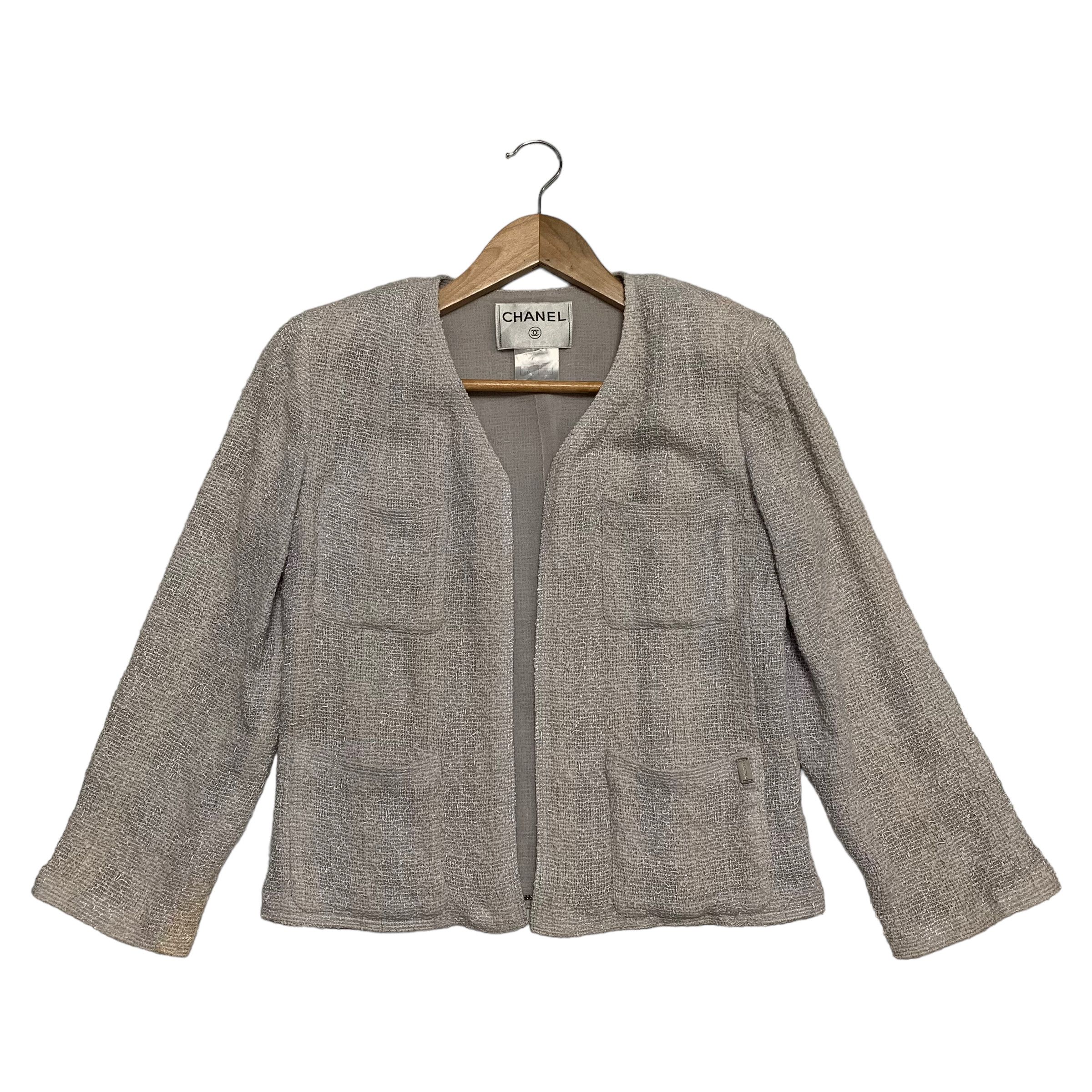 image of Vintage Chanel Tweed Buttonless Jacket in Silver, Women's (Size XS)