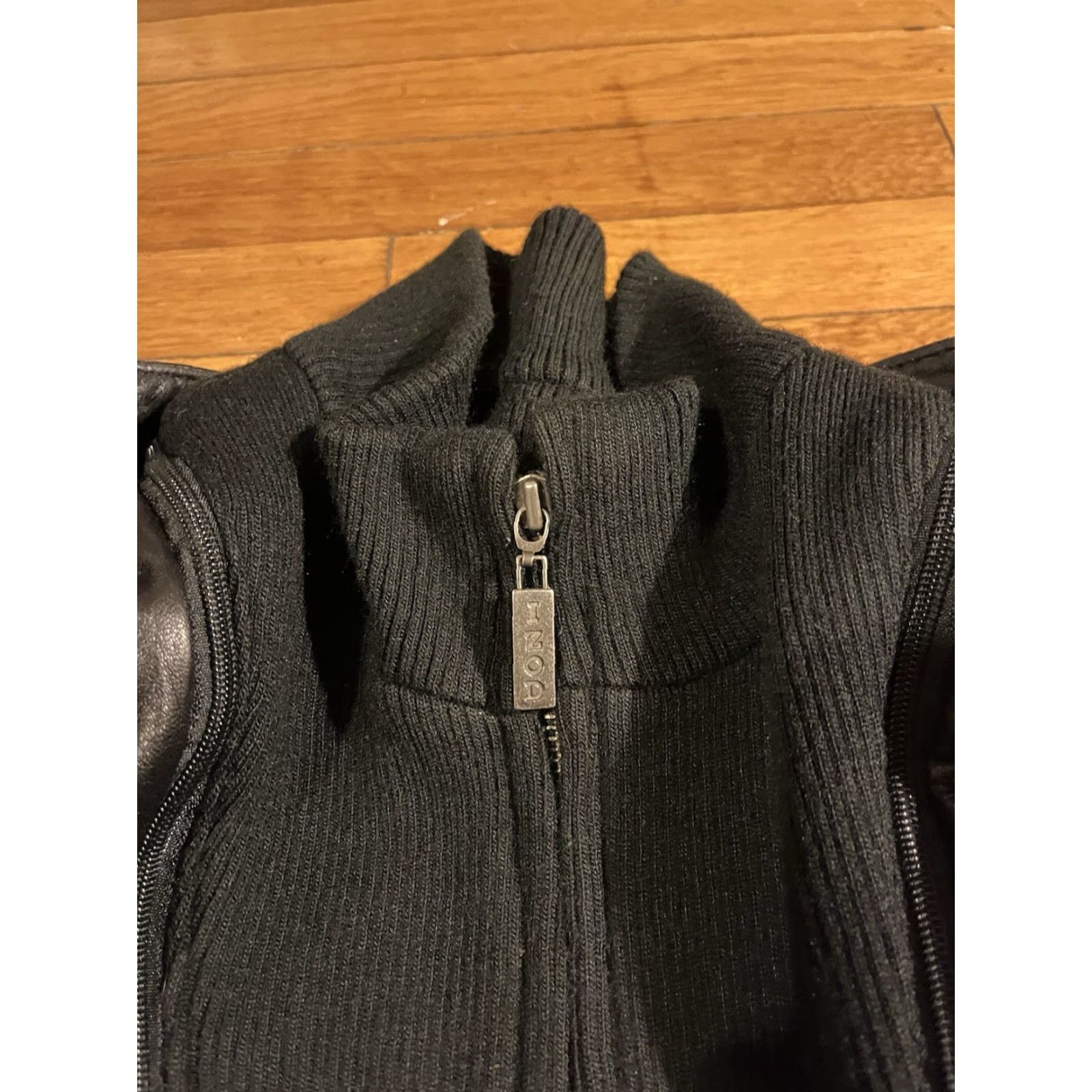 VINTAGE IZOD Leather Bomber Jacket Men’s M Black Zip-In Knit Collar