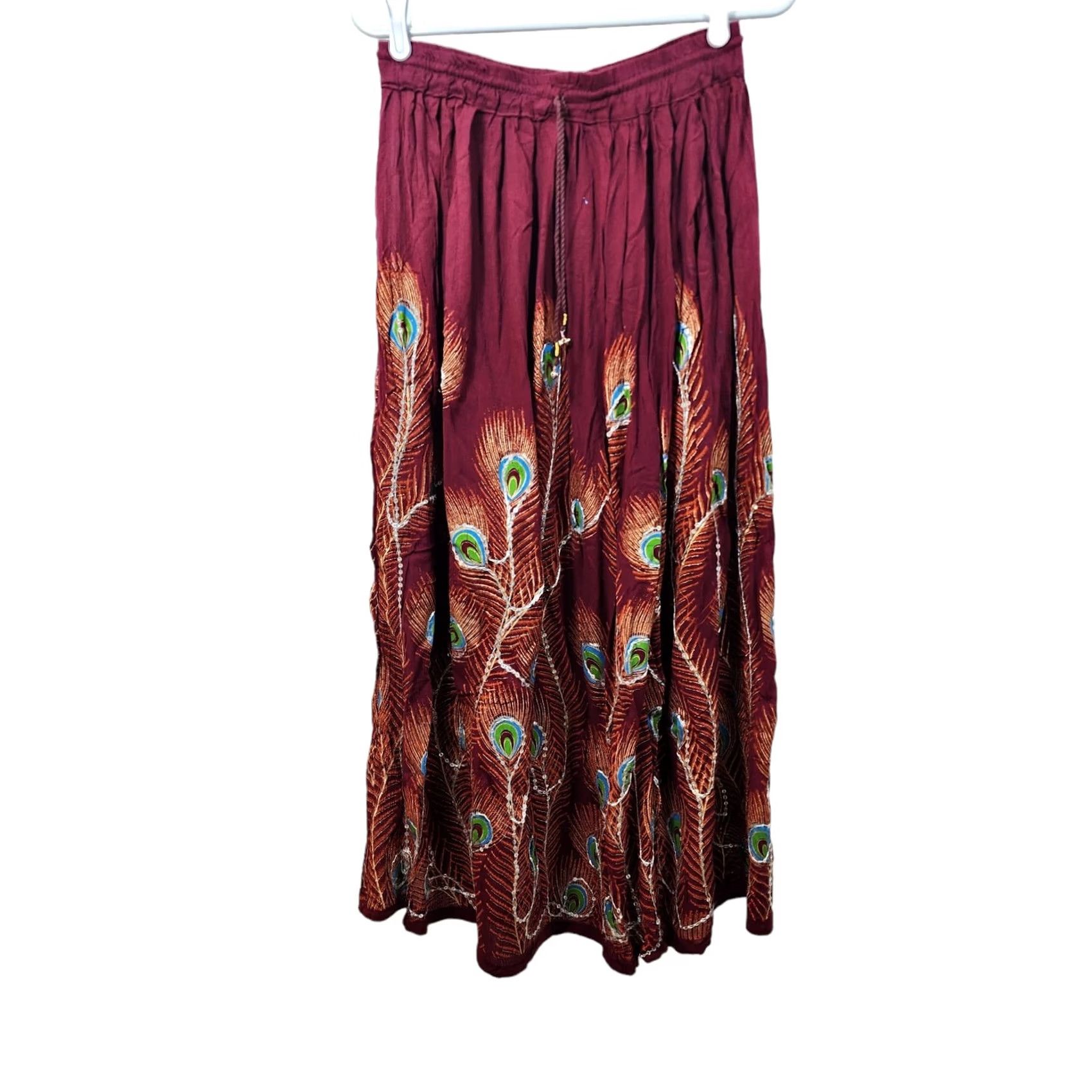 Vintage Boho Broomstick Maxi Skirt Womens M Painted Sequins Peacock Pull On India Size 32" / US 10 / IT 46 - 2 Thumbnail