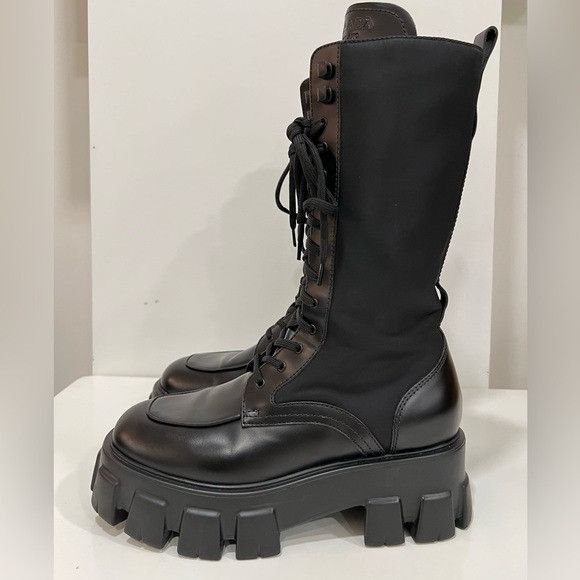 PRADA Monolith Leather Nylon Tall Combat Boots
