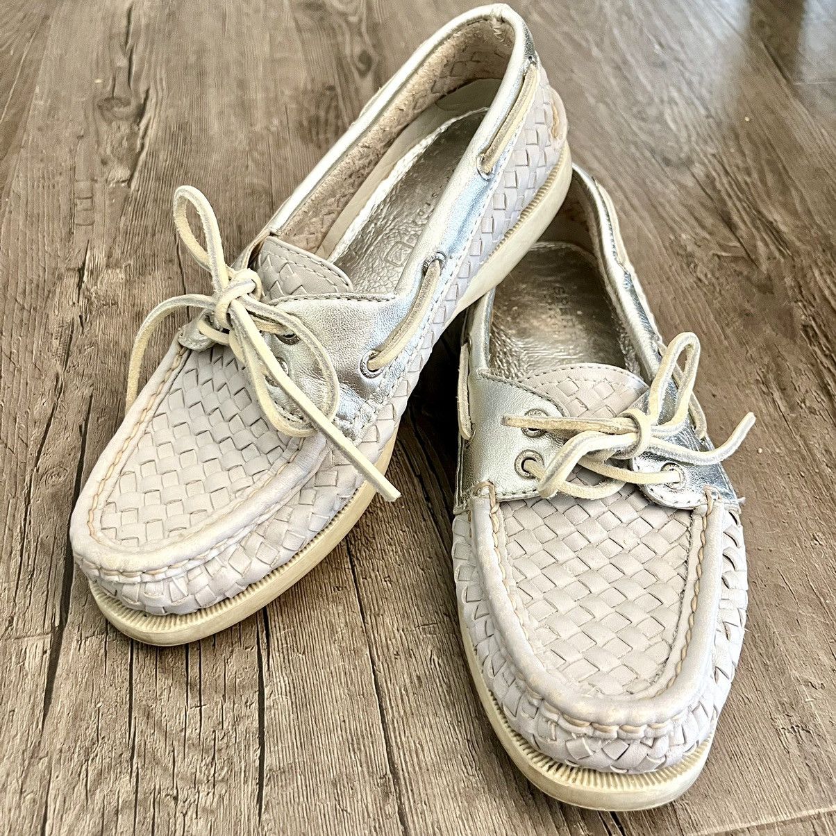 Sperry Sperry Top Slider Gray & Metallic Silver Woven Boat Shoes Size US 6.5 / IT 36.5 - 4 Thumbnail