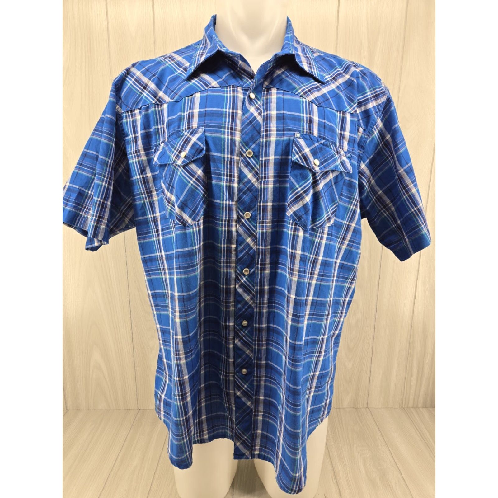 Wrangler VINTAGE Wrangler Wrancher Plaid Western Pearl Snap Short Sleeve Shirt XXL Blue Mens Size US XXL / EU 58 / 5 - 2 Thumbnail