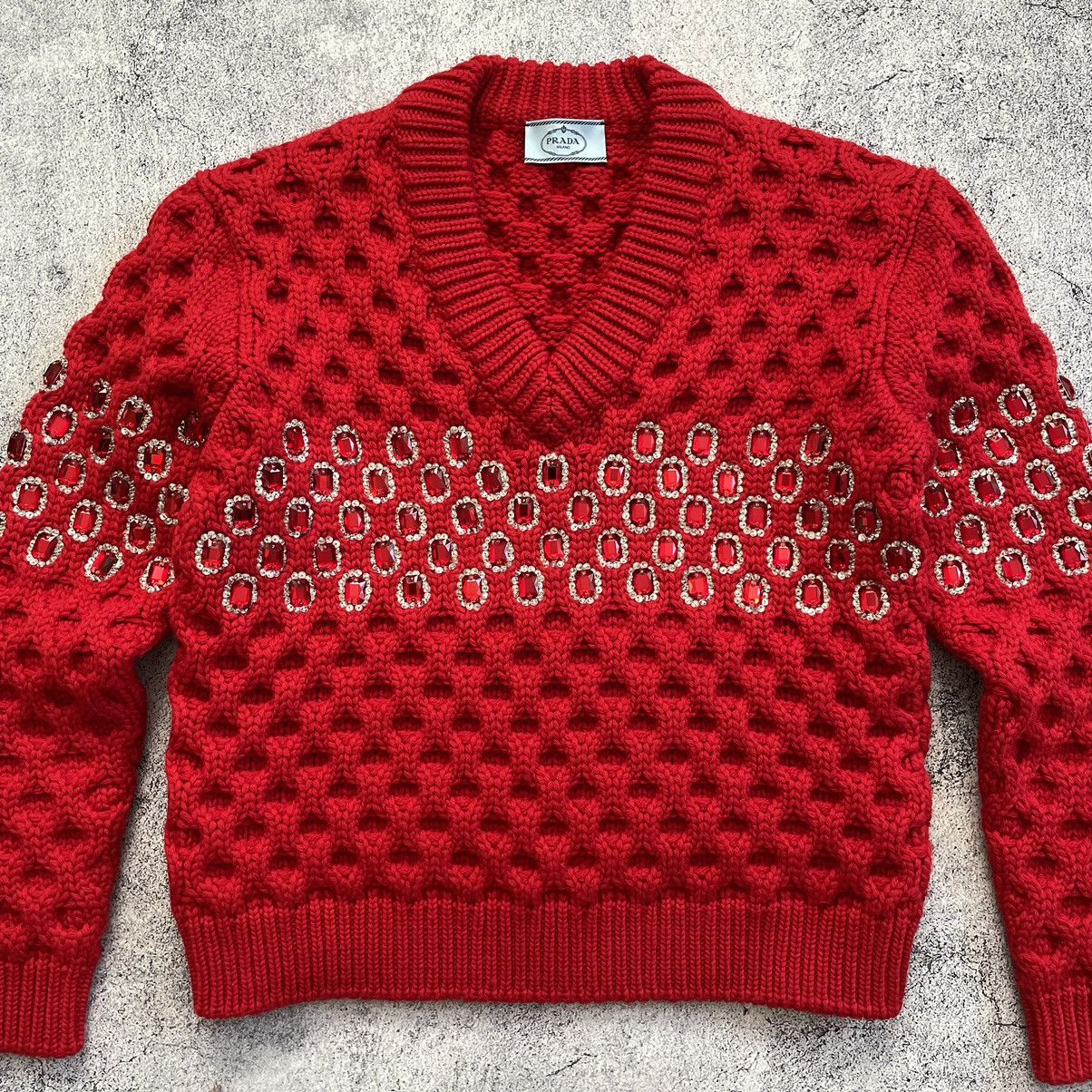 Prada Prada Crystal Embellished Wool Knit Sweater Red Limited Size S / US 4 / IT 40 - 4 Thumbnail