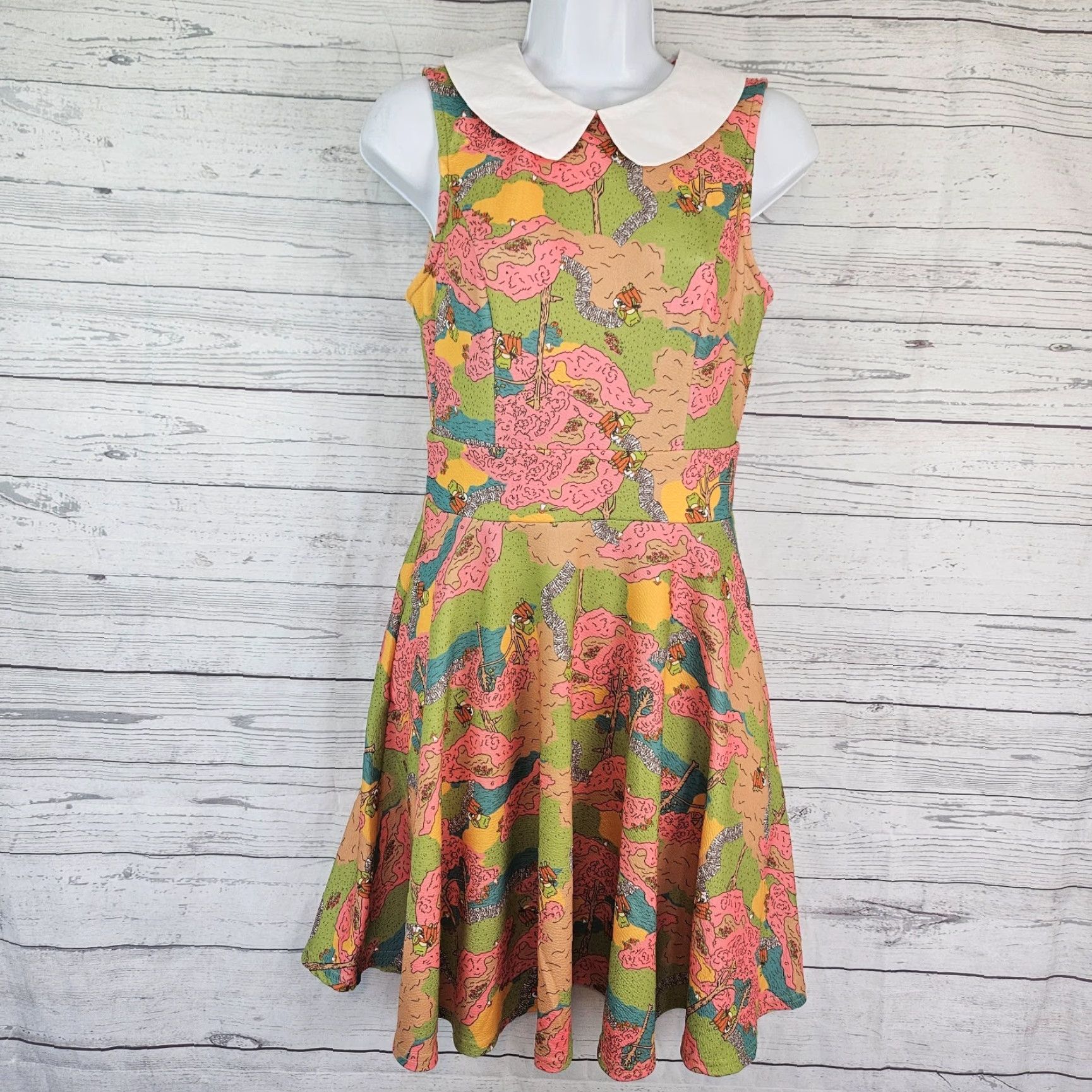 Vintage Smak Parlour Dress Womens Sz Small Frogs In The Park Pink Green Sleeveless Size S / US 4 / IT 40 - 2 Thumbnail
