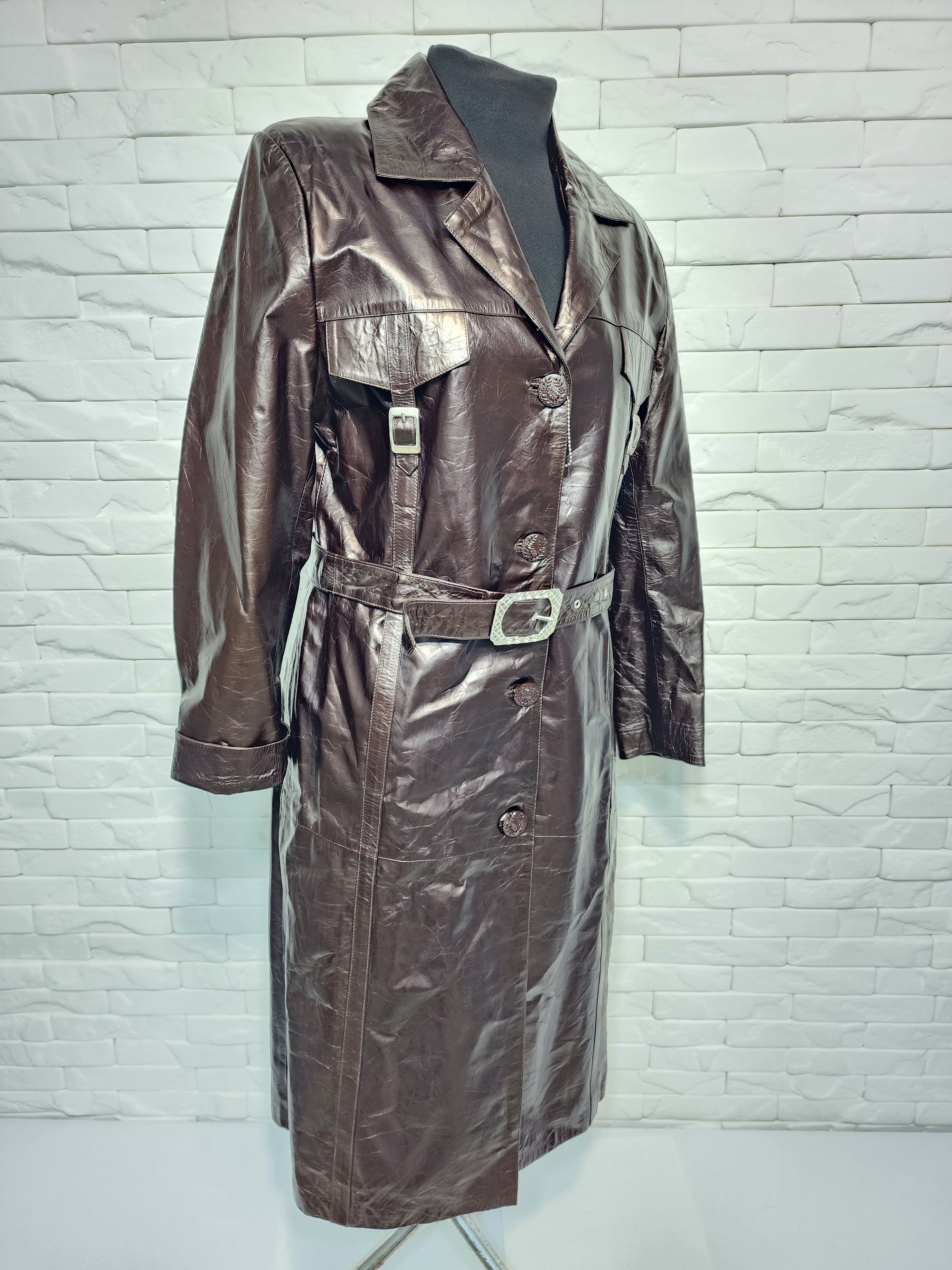 Genuine Leather Brown Patent Leather Coat: Belted Coat. Size L / US 10 / IT 46 - 1 Thumbnail