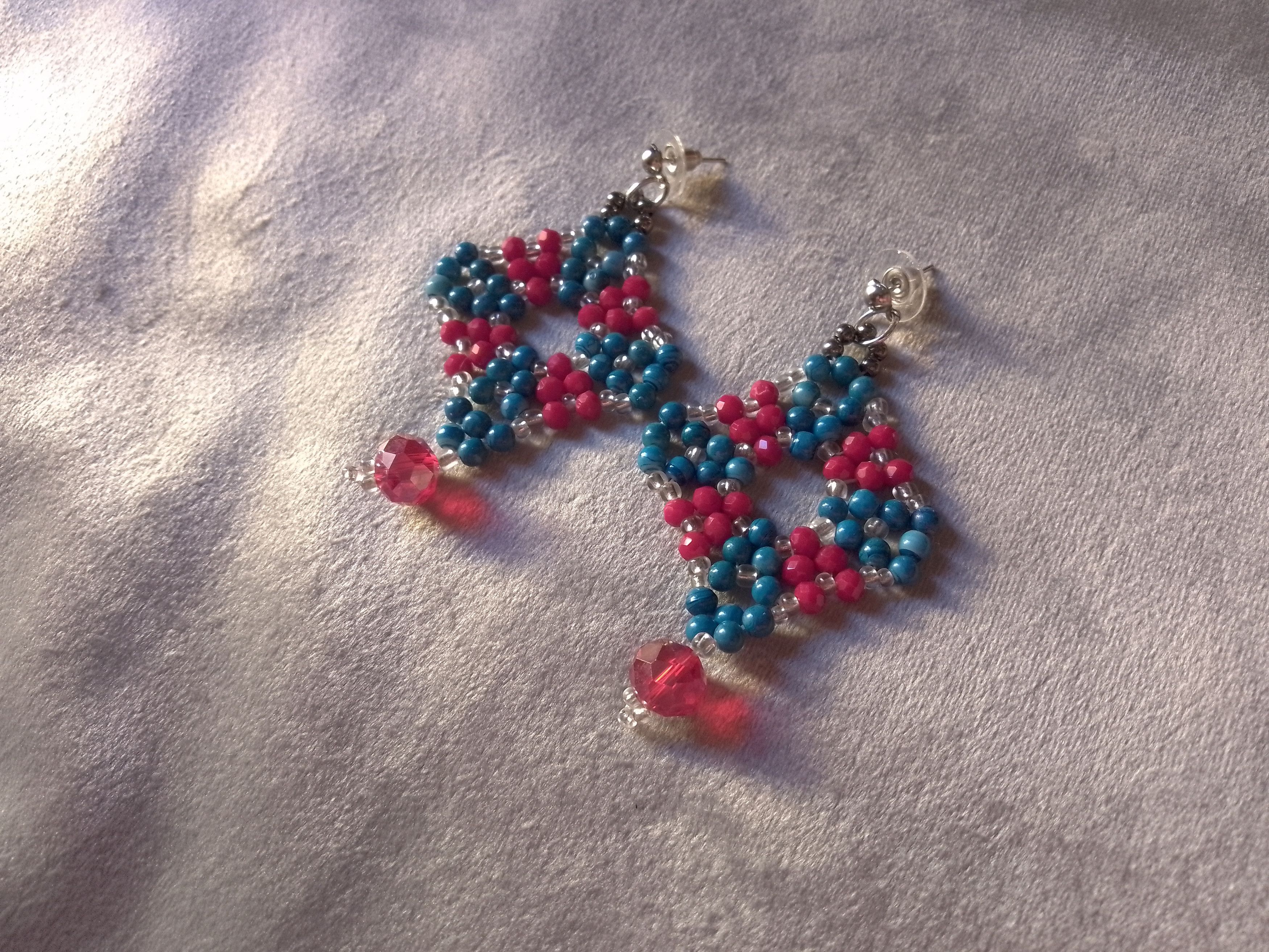 Handmade Earrings Blue Pearls Red Crystals Embroidered Handmade Size ONE SIZE - 1 Thumbnail