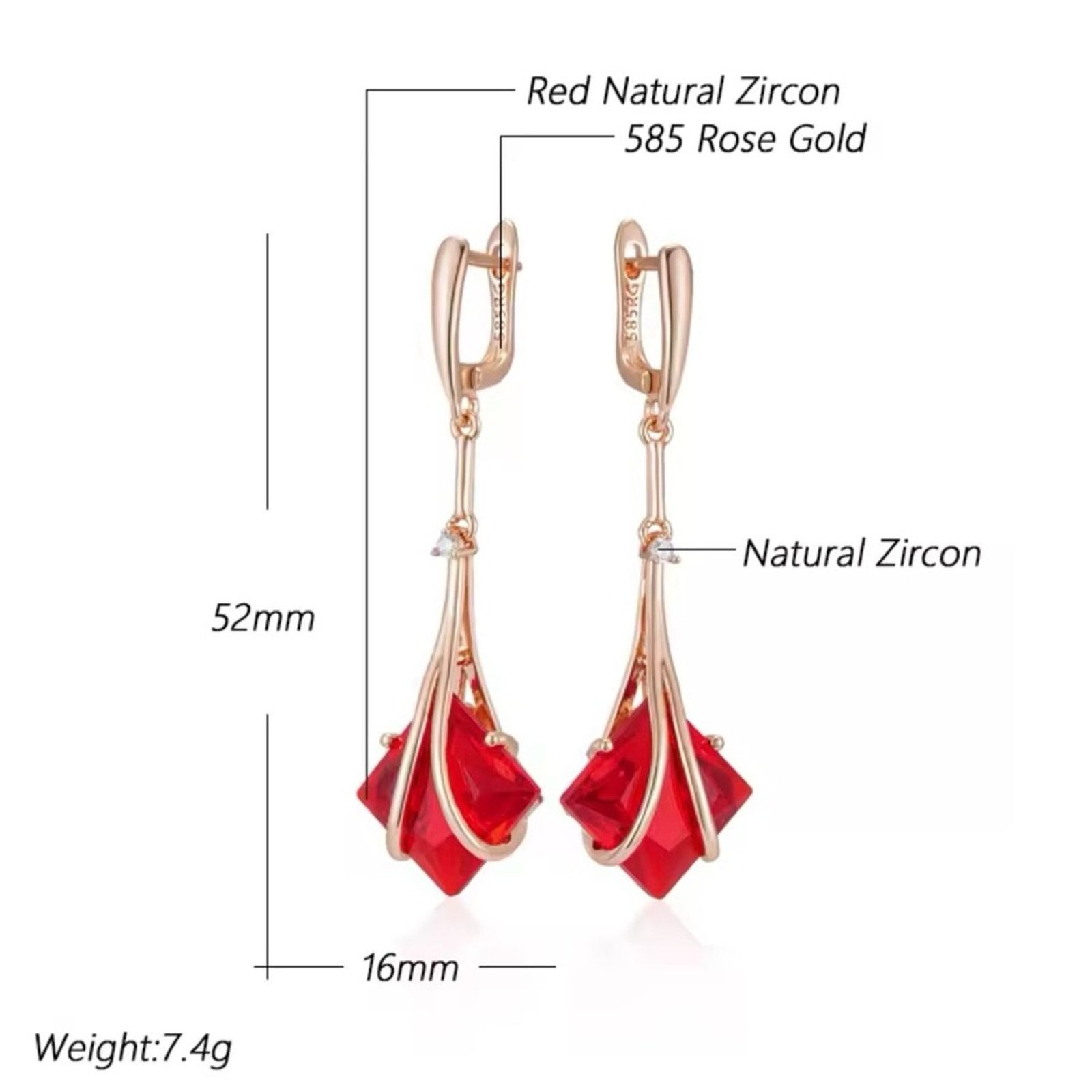 Other Square Red Zircon Long Drop Earrings for Women 585 Rose Size ONE SIZE - 3 Thumbnail