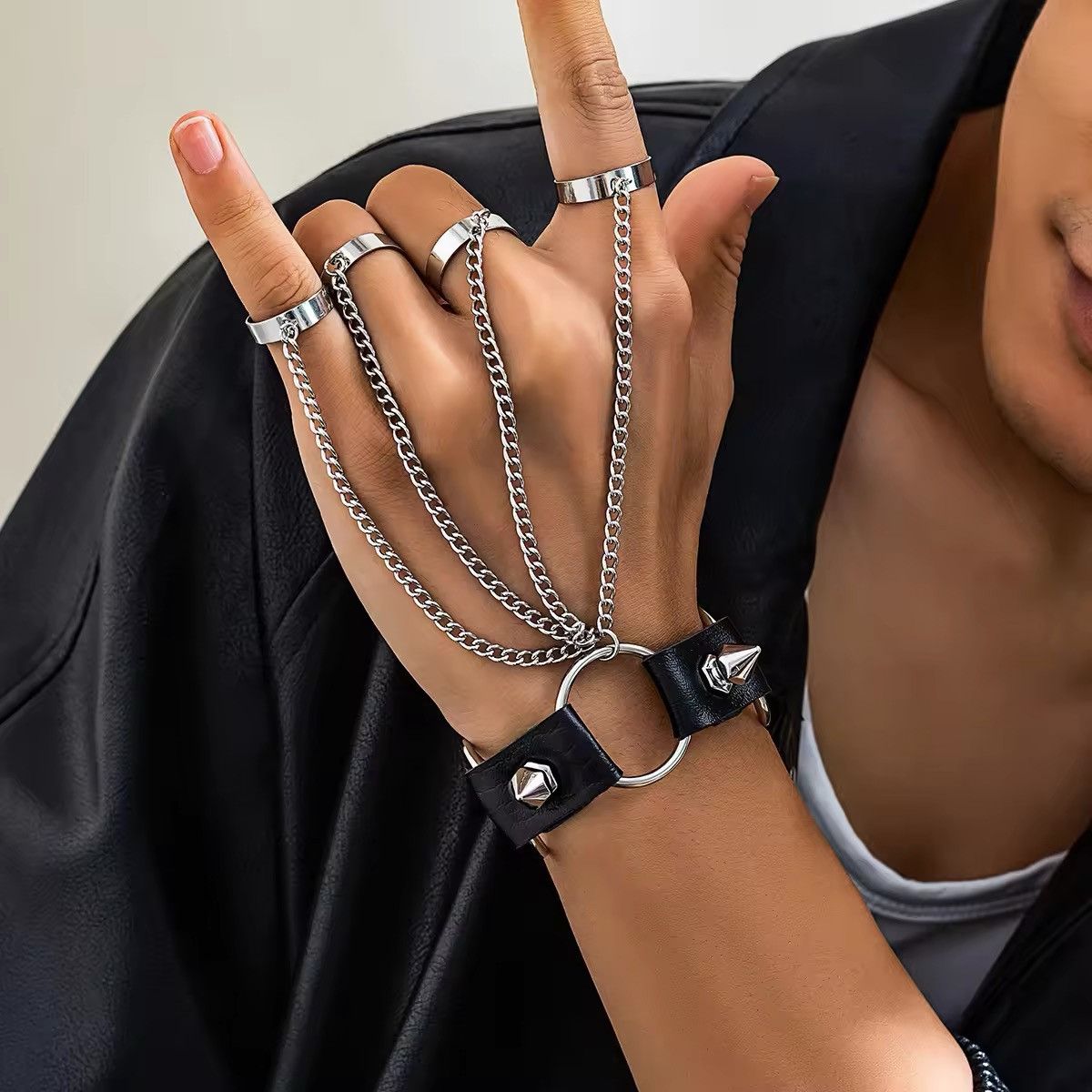 Jewelry Multi Gothic Rivet Black PU Leather Link Chain Size ONE SIZE - 1 Thumbnail