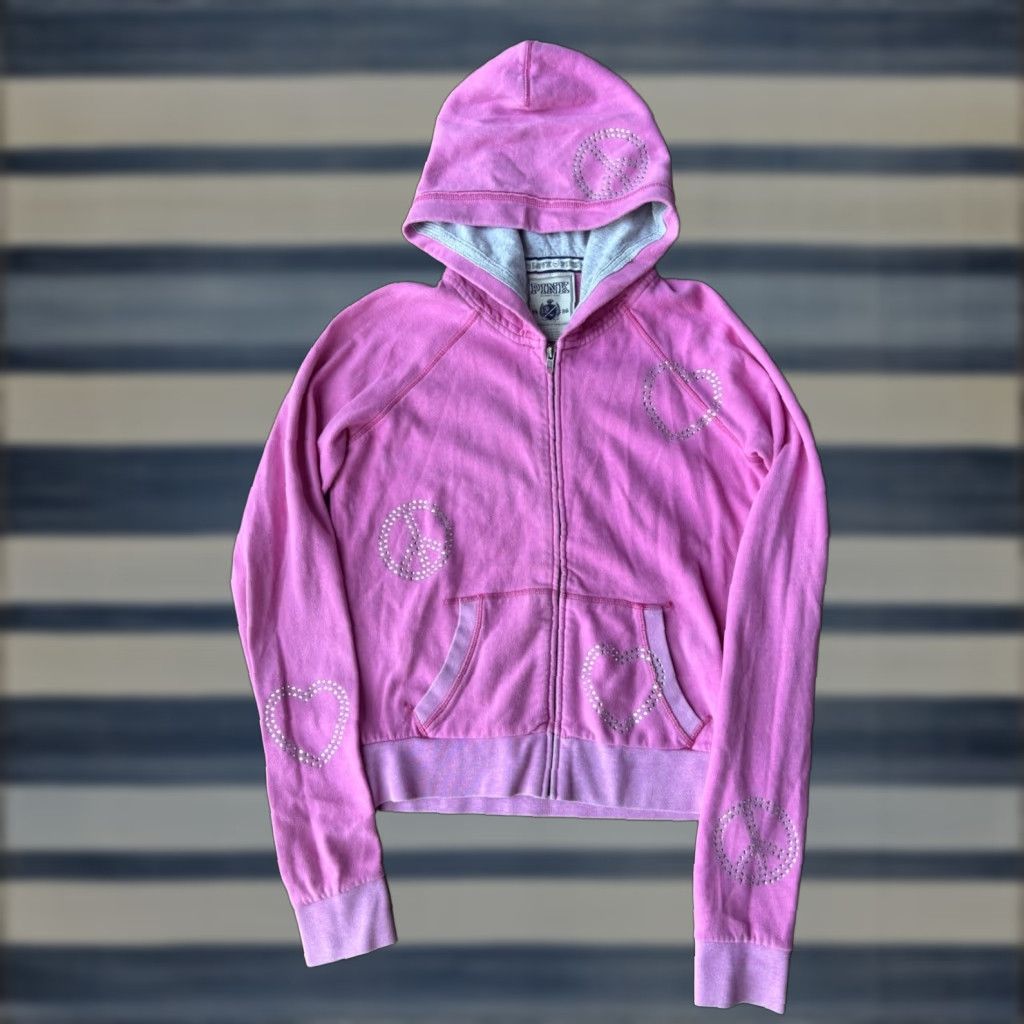 Victoria's Secret VINTAGE Victoria's Secret PINK Peace Full Zip Hoodie Large Pink Rhinestone Bling Logo Hooded Women Size L / US 10 / IT 46 - 1 Thumbnail