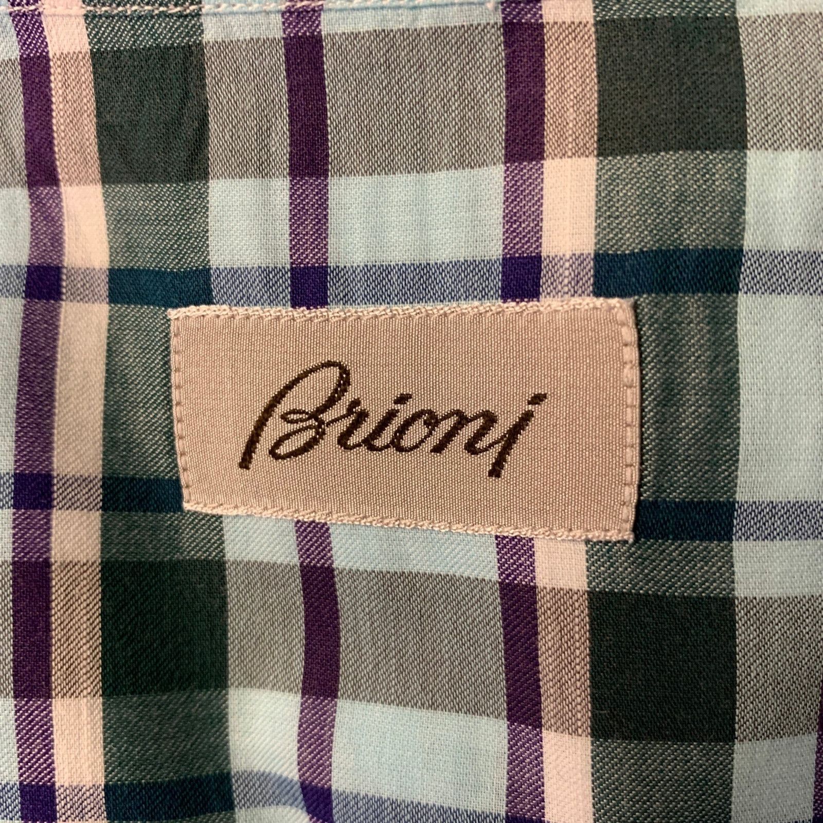 Brioni BRIONI L Blue Purple Green Plaid Cotton Pointed Collar Shirt Size US L / EU 52-54 / 3 - 5 Thumbnail