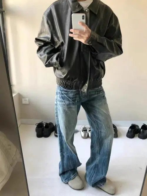 image of Street Wash Distressed Lightning Pleated Micro-Flared Jeans in Blue, Men's (Size 32)
