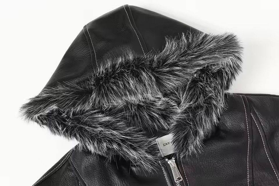 Japanese Brand PU Leather Zipper Hooded Jackets Faux Fur Collar Size US L / EU 52-54 / 3 - 3 Thumbnail