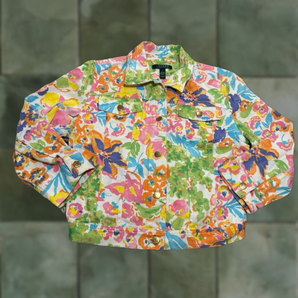 Ralph Lauren Lauren Ralph Lauren Watercolor Floral Denim Jacket Womens L Multicolor Size L / US 10 / IT 46 - 1 Thumbnail
