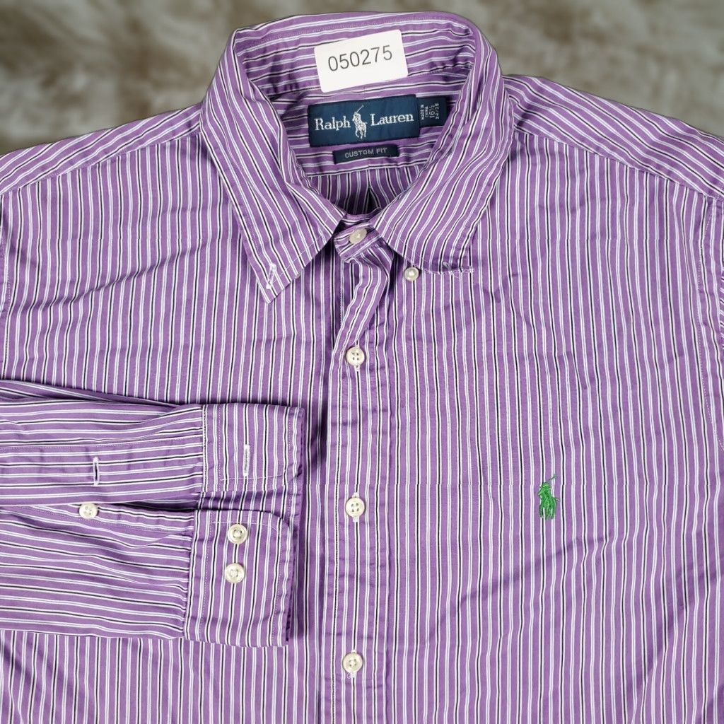 Ralph Lauren VINTAGE Ralph Lauren Dress Shirt Mens Size 16.5 Long Sleeve Purple Striped Cotton Business Casual Formal Size 42R - 1 Thumbnail