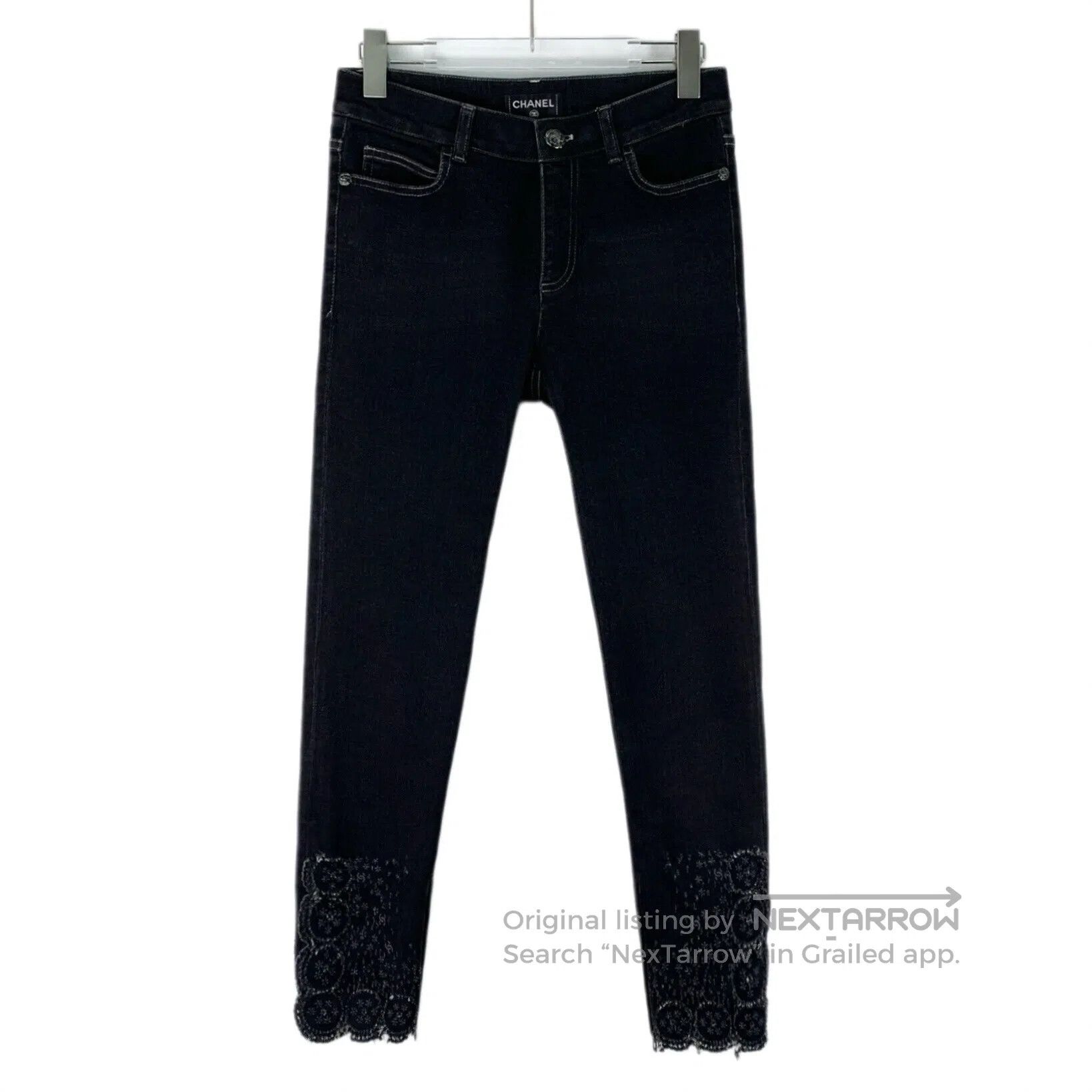 Chanel Chanel Black camellia lace hem cotton casual denim long pa Size 35" - 1 Thumbnail